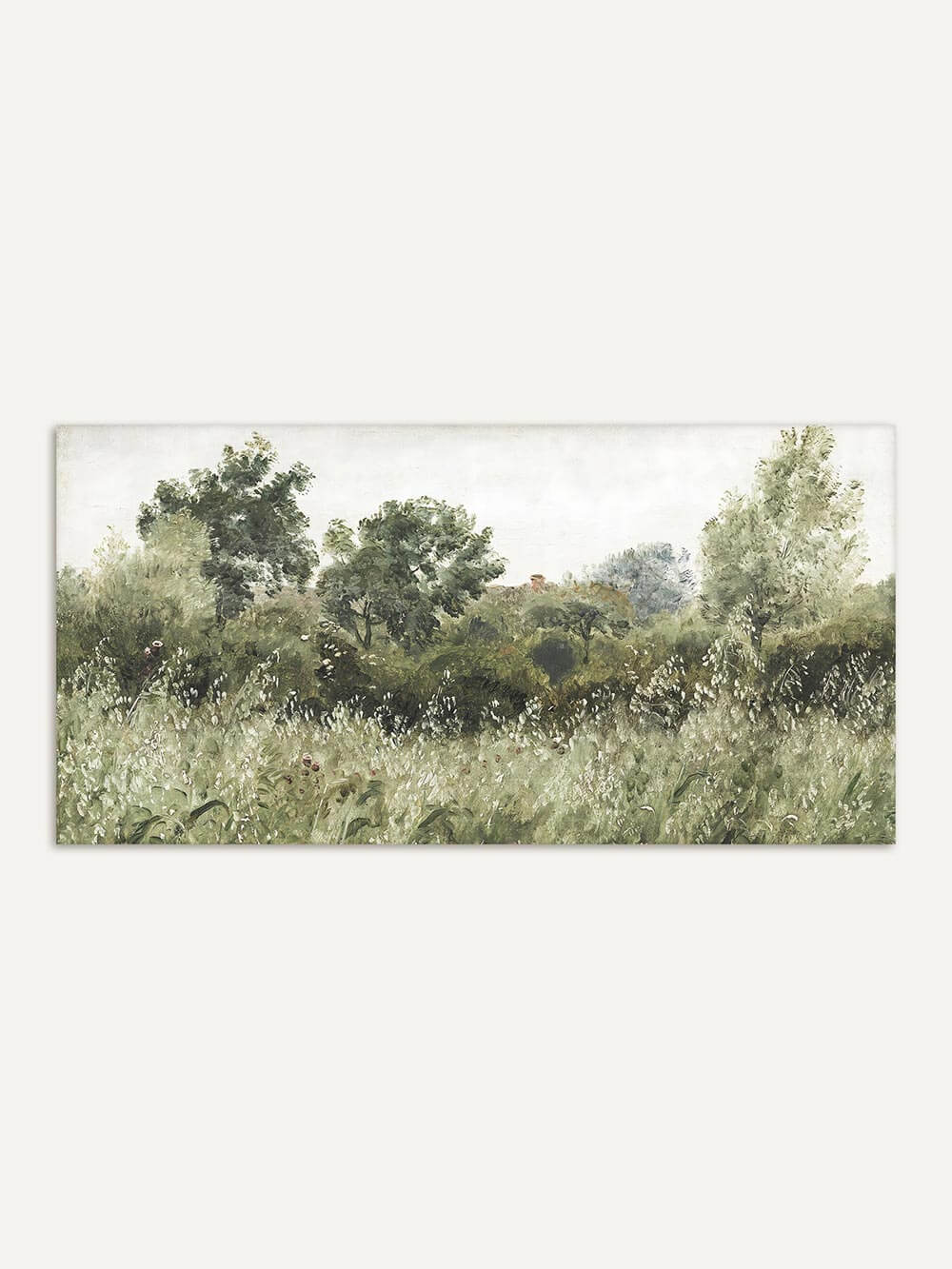 Landschaftskunstdruck im Panoramaformat mit Bäumen, Sträuchern und zartem Wiesengrün unter hellem Himmel. Zeitloser Kunstdruck mit Vintage-Charme und ist perfekt für natürliche Raumgestaltung.