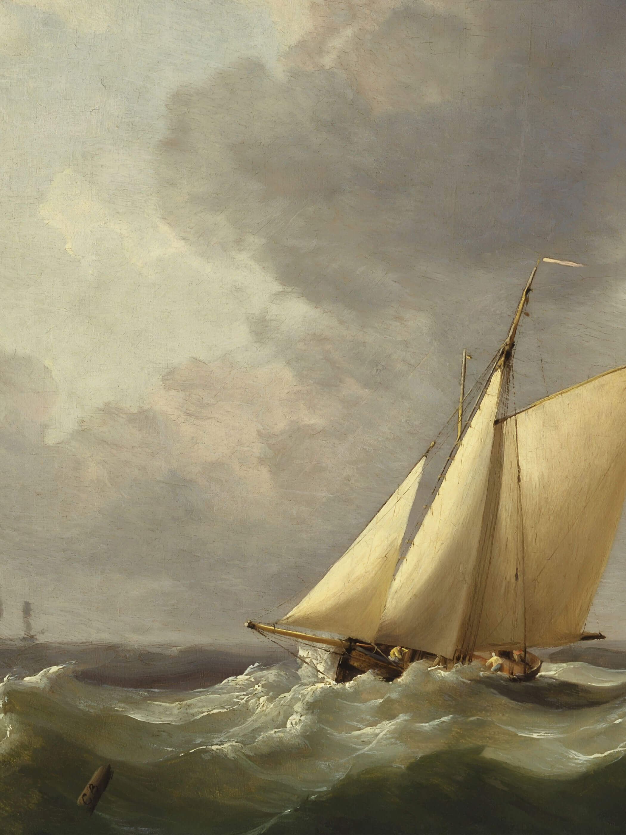 Detail eines Kunstdruck mit Segelboot, das durch aufgewühlte Wellen fährt, mit dramatischen, dunklen Wolken am Himmel in einer stürmischen Meereslandschaft.