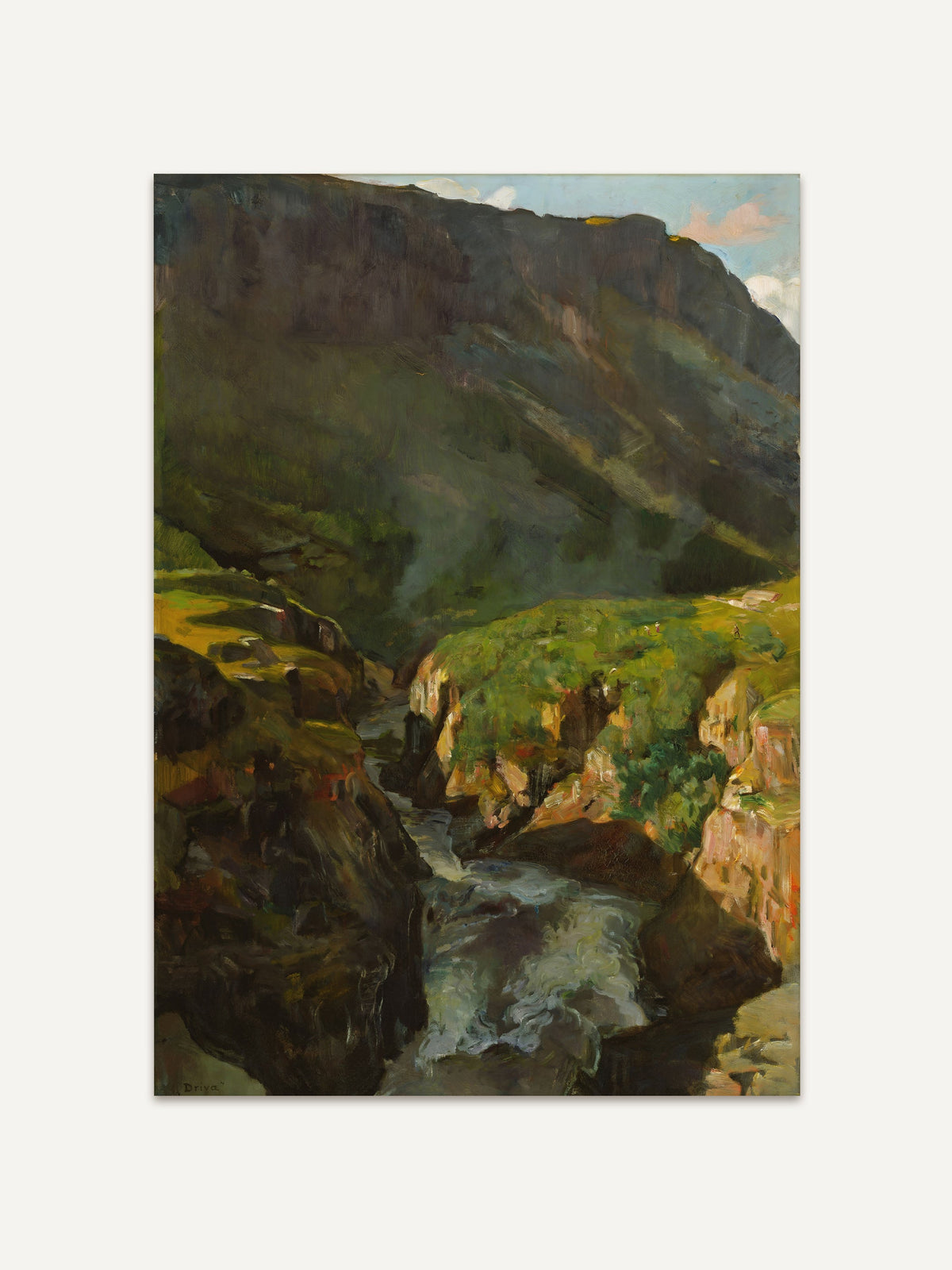 Vintage Poster eines dramatischen Bergtals mit steilen Felswänden und einem Fluss, der sich durch die grüne Landschaft schlängelt. Die dunklen Schatten der Berge kontrastieren mit den sonnigen Abschnitten im Tal, die in warmen Grüntönen leuchten. #Rahmen_Ohne Rahmen