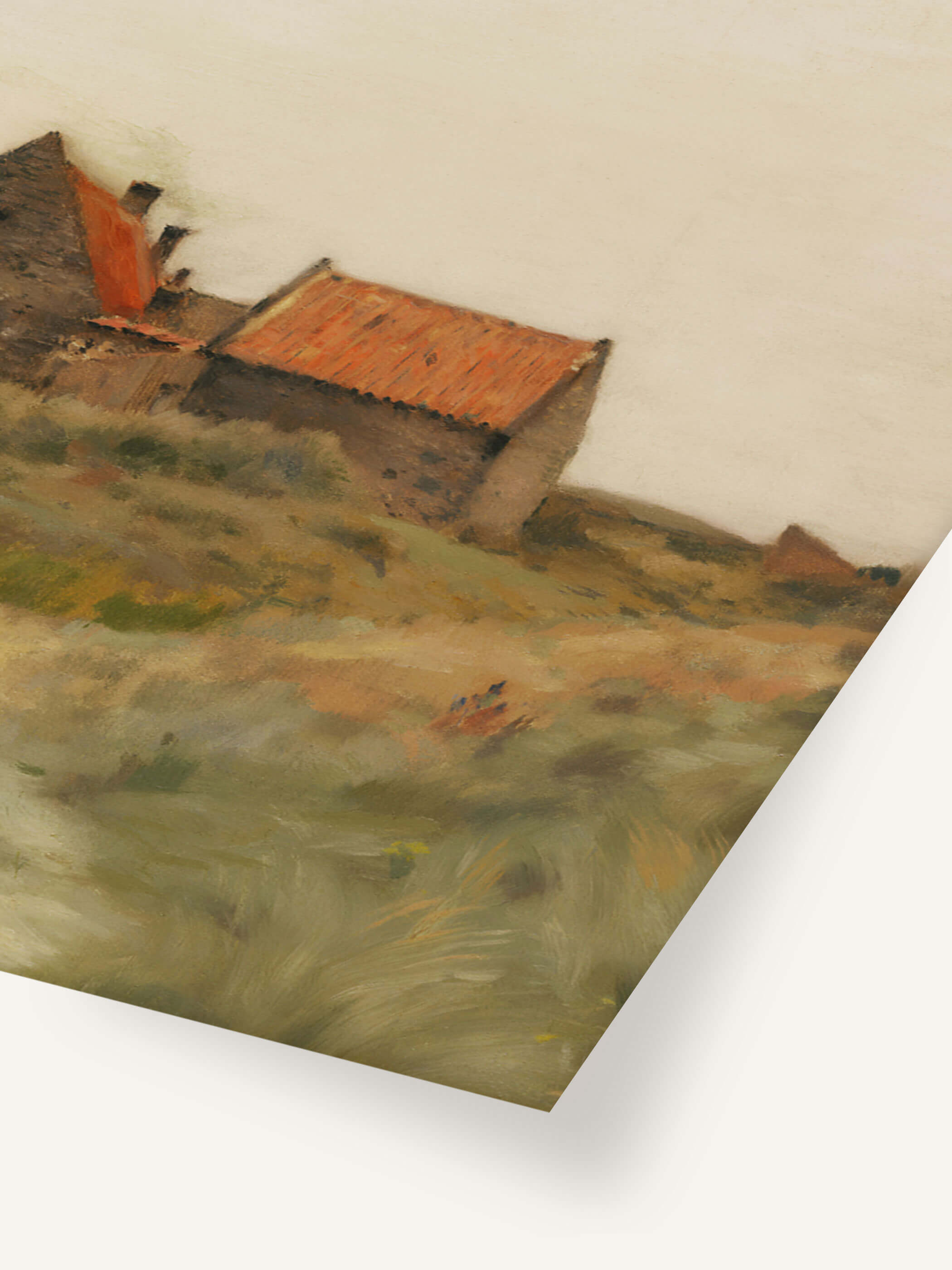 Detailansicht eines Kunstdrucks mit einer herbstlichen Landschaft, die ein altes Steinhaus mit roten Ziegeldächern und wilde Gräser im Vordergrund zeigt, die Textur und sanfte Farben betonen die ruhige Atmosphäre.