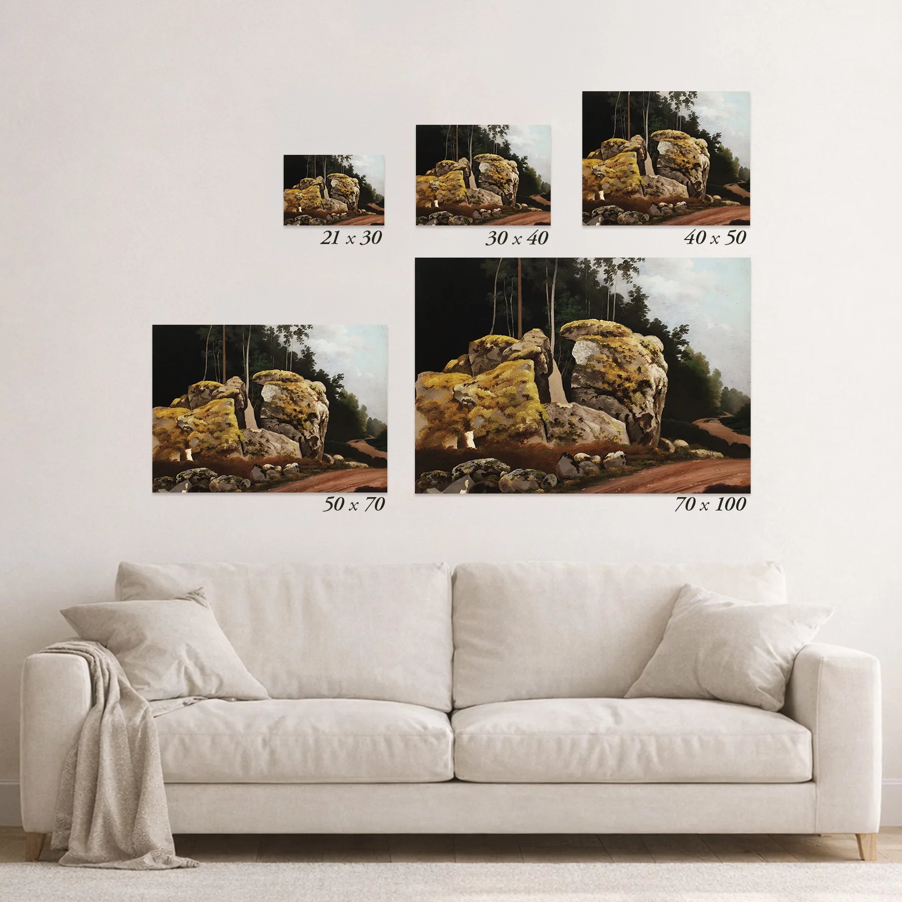 Schematic size overview of the available print formats above a sofa.
