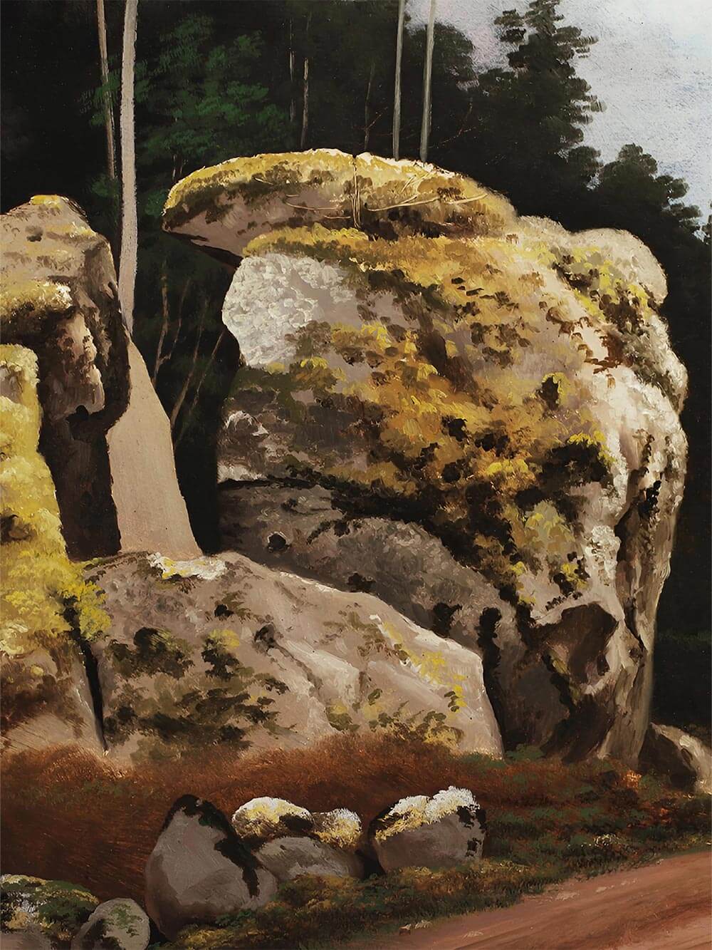 Nahaufnahme eines Landschaftsgemäldes mit realistischen, moosbewachsenen Felsen. Die fein ausgearbeiteten Details der Malerei betonen die natürliche Textur der Steine und die Tiefenwirkung der Szene.