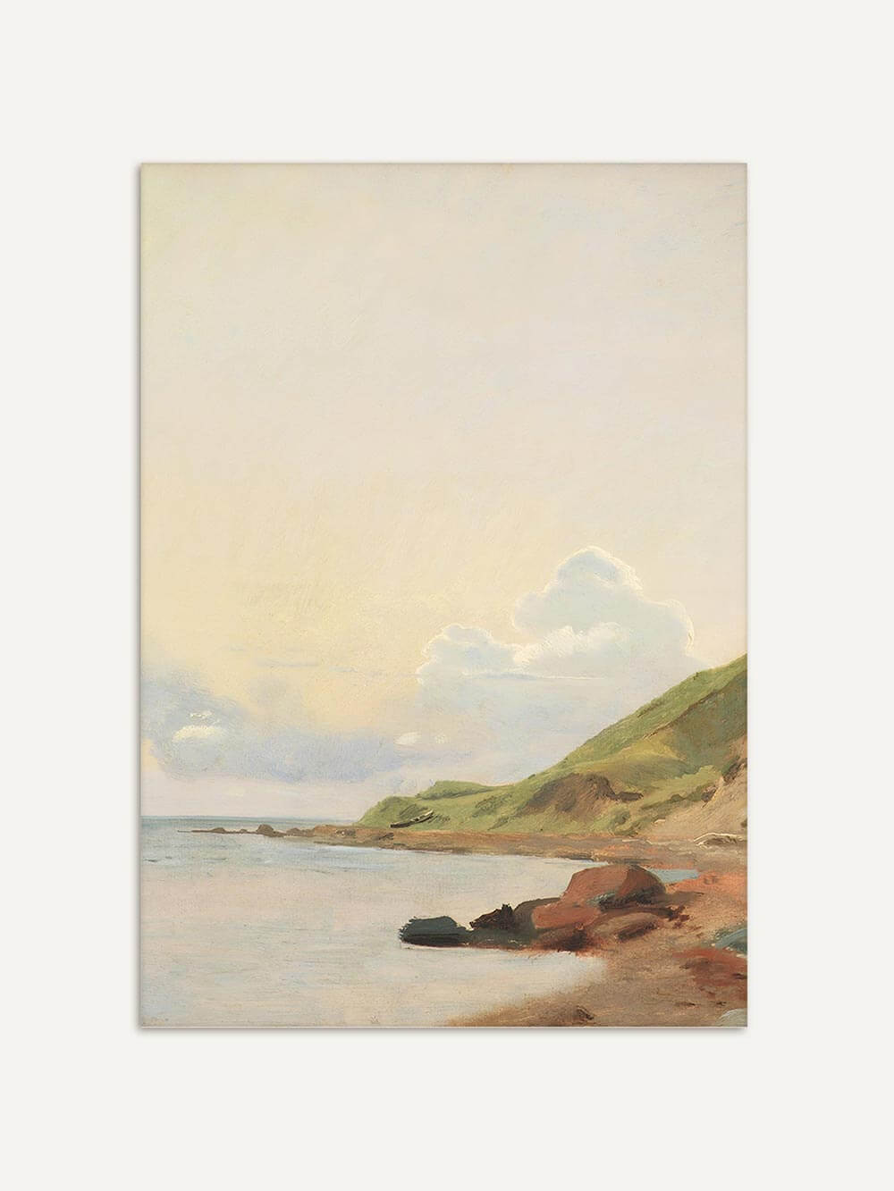 Antiker Küstenlandschaft-Kunstdruck mit harmonischer Farbpalette aus sanftem Beige, Grün und Blau – inspiriert von klassischen Landschaftsgemälden für stilvolle Interieurs.