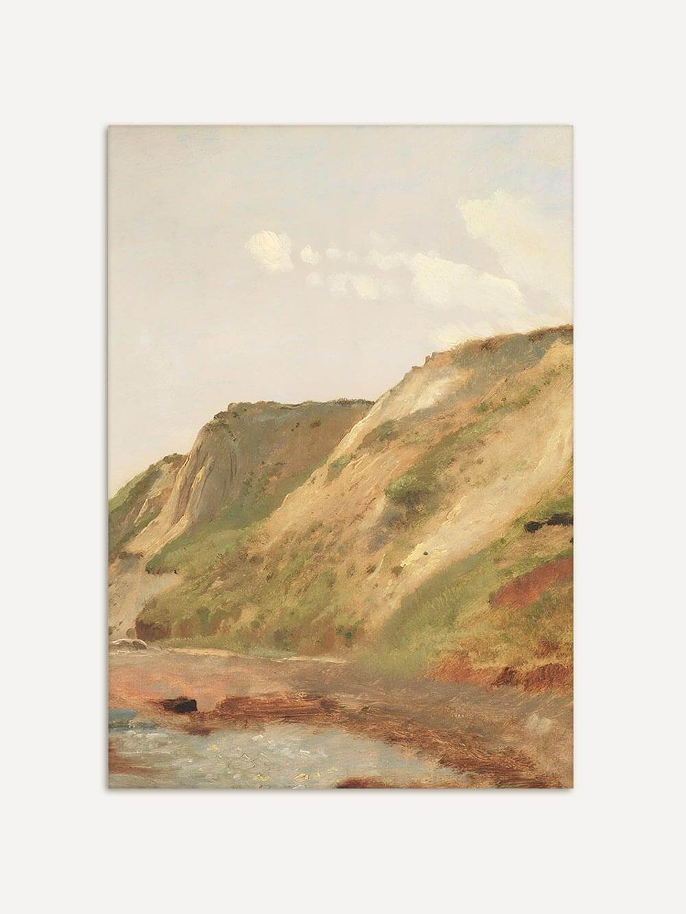 Kunstdruck einer malerischen Küstenlandschaft mit grünen Hügeln und sandigen Klippen. Die sanfte Farbpalette in Beige, Grün und Blau verleiht dem Motiv eine beruhigende Ausstrahlung. Ideal als Teil eines modernen Bildsets oder als einzelnes Wandbild.