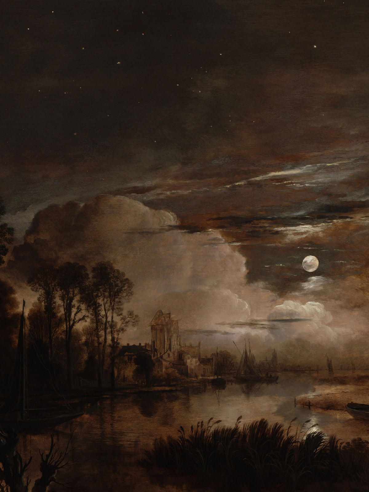 Detailansicht des Kunstdrucks mit Vollmond, Sternenhimmel, einer Burg am Ufer und Segelbooten, deren Umrisse sich im dunklen Wasser spiegeln.