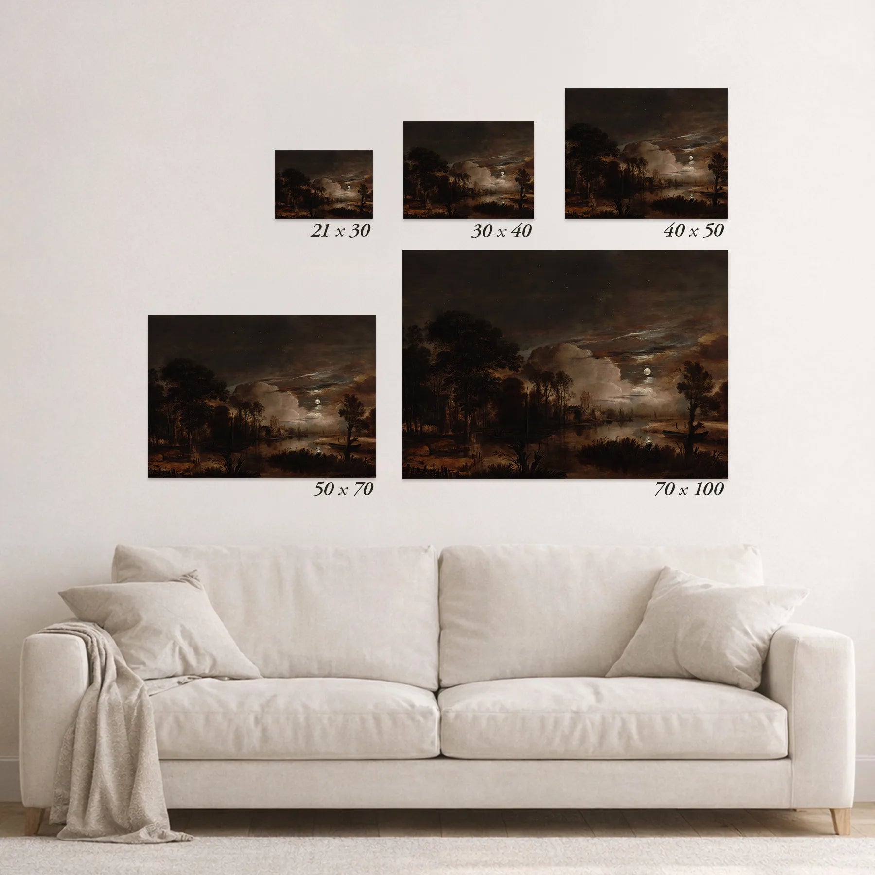 Schematic size overview of the available print formats above a sofa.