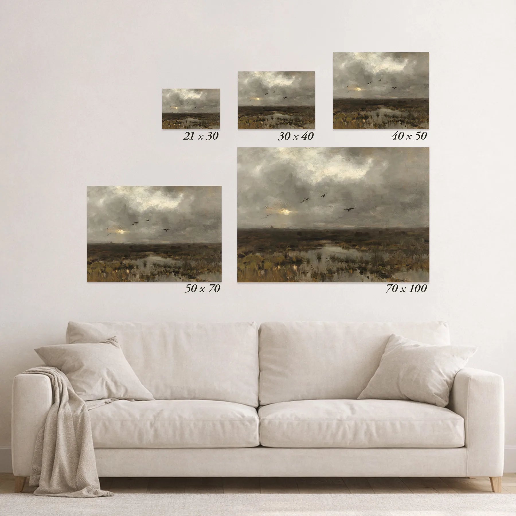Schematic size overview of the available print formats above a sofa.