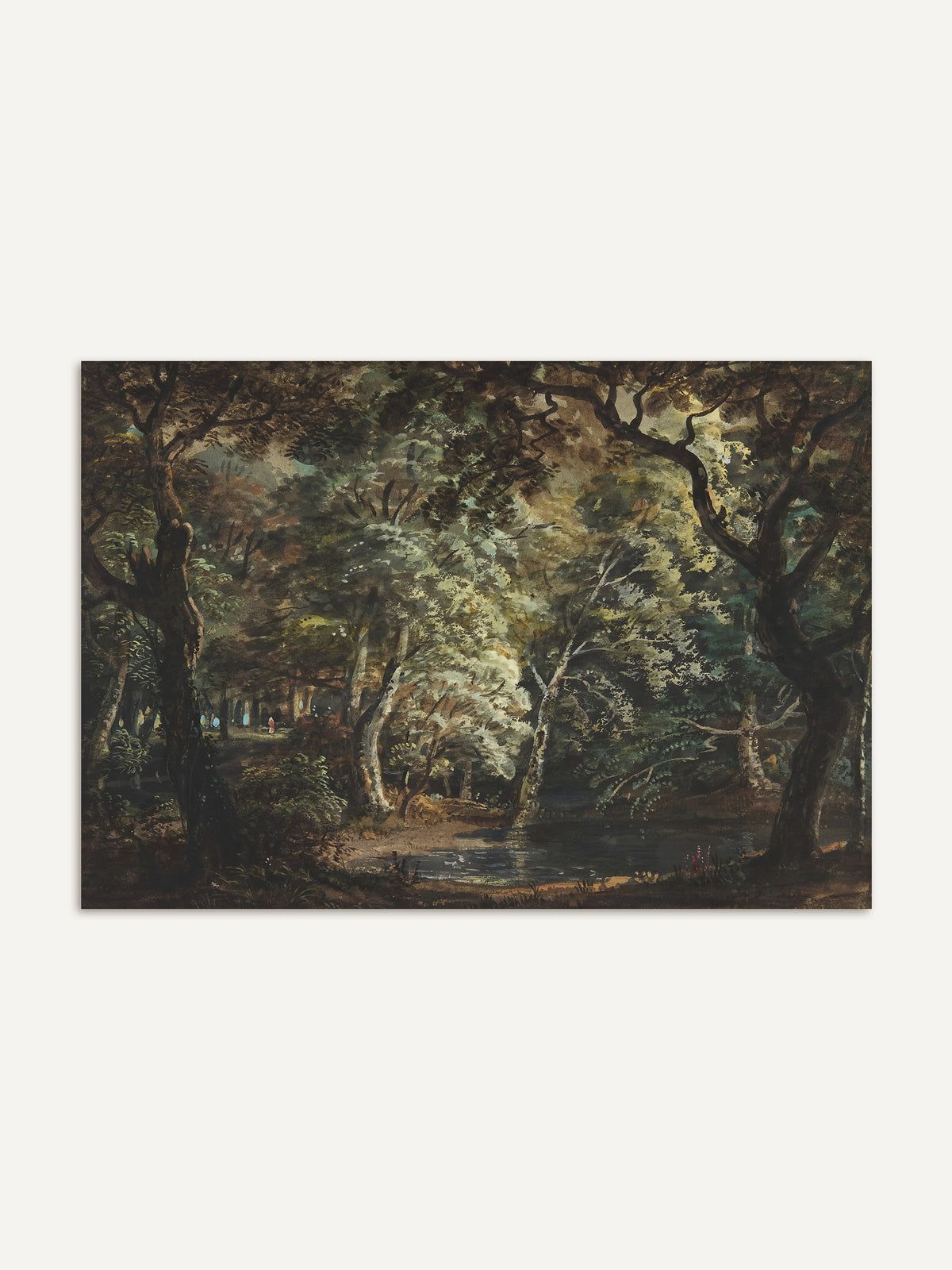 Kunstdruck eines dichten alten Waldes mit knorrigen Eichen, hellen Birkenstämmen und einem stillen Teich. Das Dark Academia Wandbild in tiefem Grün und Braun wirkt ruhig und geheimnisvoll. #Rahmen_Ohne Rahmen