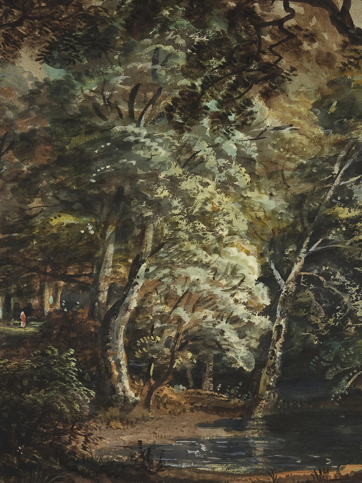 Detailansicht des Kunstdrucks mit hellen Birkenstämmen, dichtem Laub in Grün und Gelb und einem stillen Teich am Waldboden.