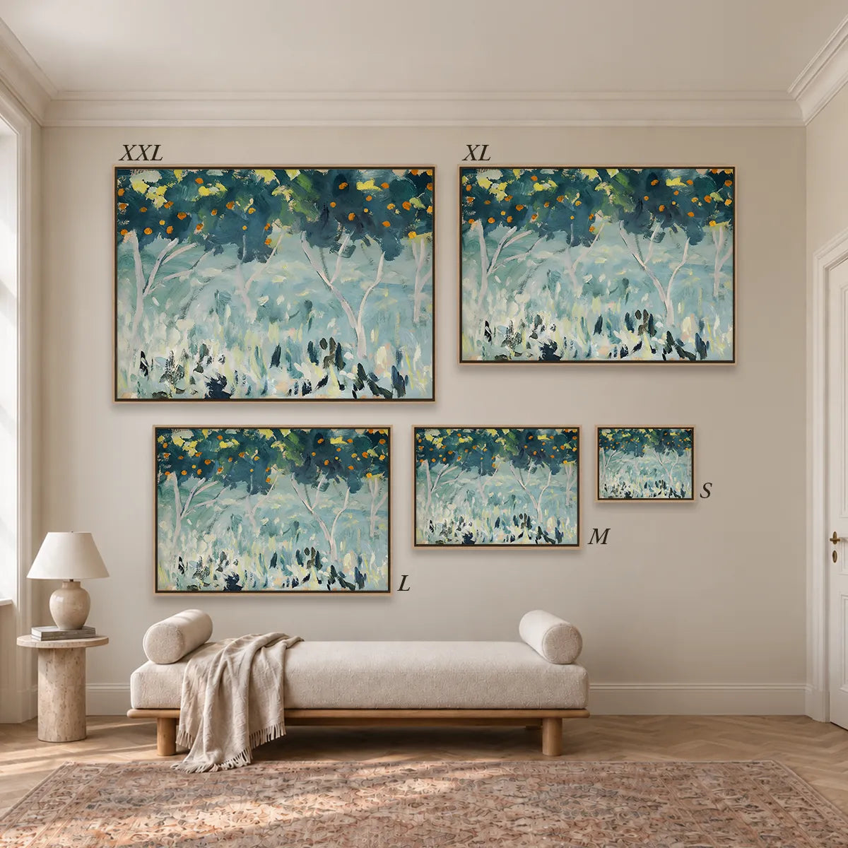 Größenübersicht der fünf Leinwandformate S bis XXL im Raum, von 34 × 44 cm bis 105 × 143 cm.