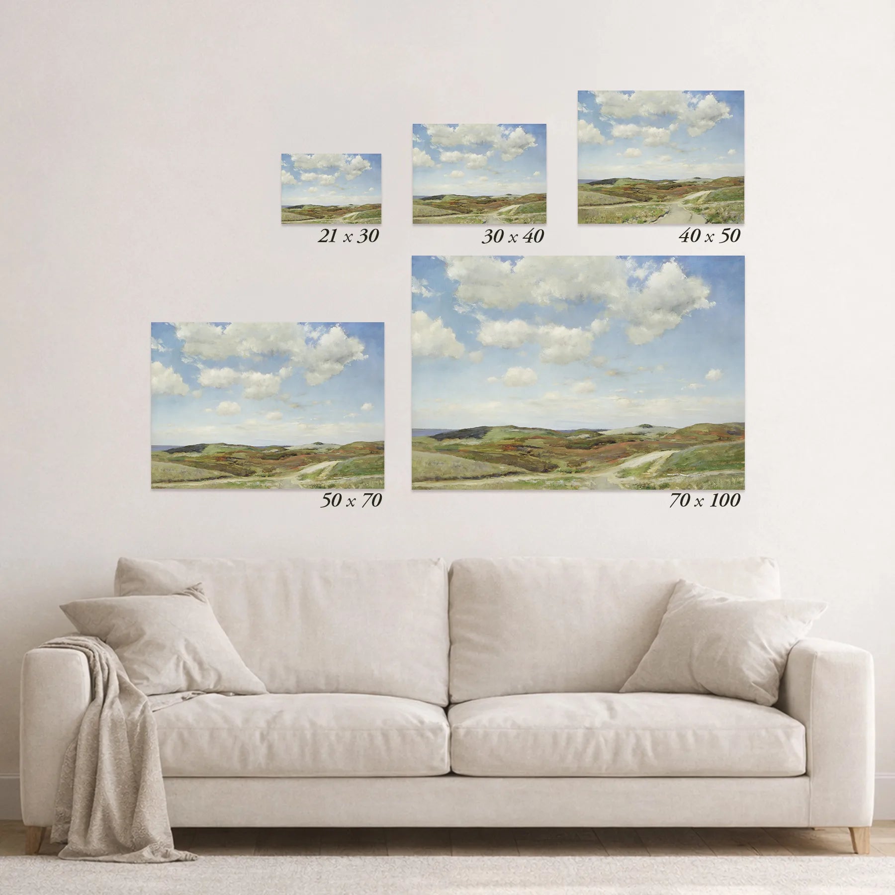 Schematic size overview of the available print formats above a sofa.