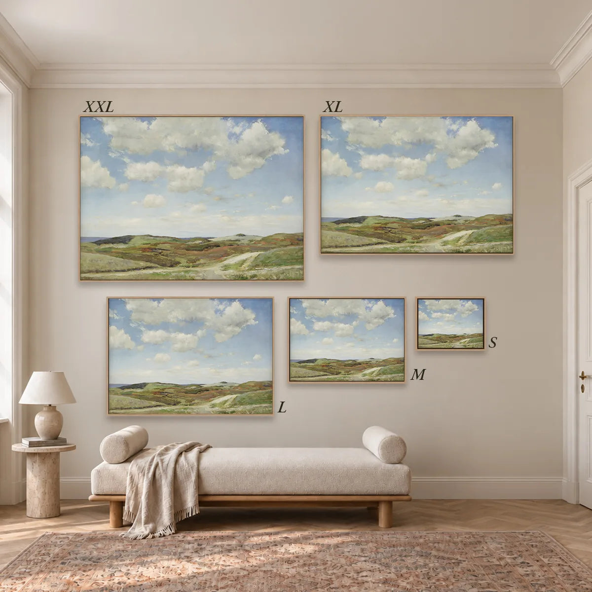 Größenübersicht der fünf Leinwandformate S bis XXL im Raum, von 34 × 44 cm bis 105 × 143 cm.