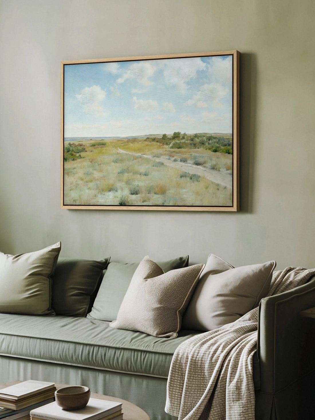Das Vintage Leinwandbild mit Heidelandschaft hängt im Naturholzrahmen an einer salbeigrünen Wand über einem grünen Sofa. Auf dem Sofa liegen Kissen in Grün und Beige und eine cremefarbene Strickdecke, davor Bücher und eine Schale.
