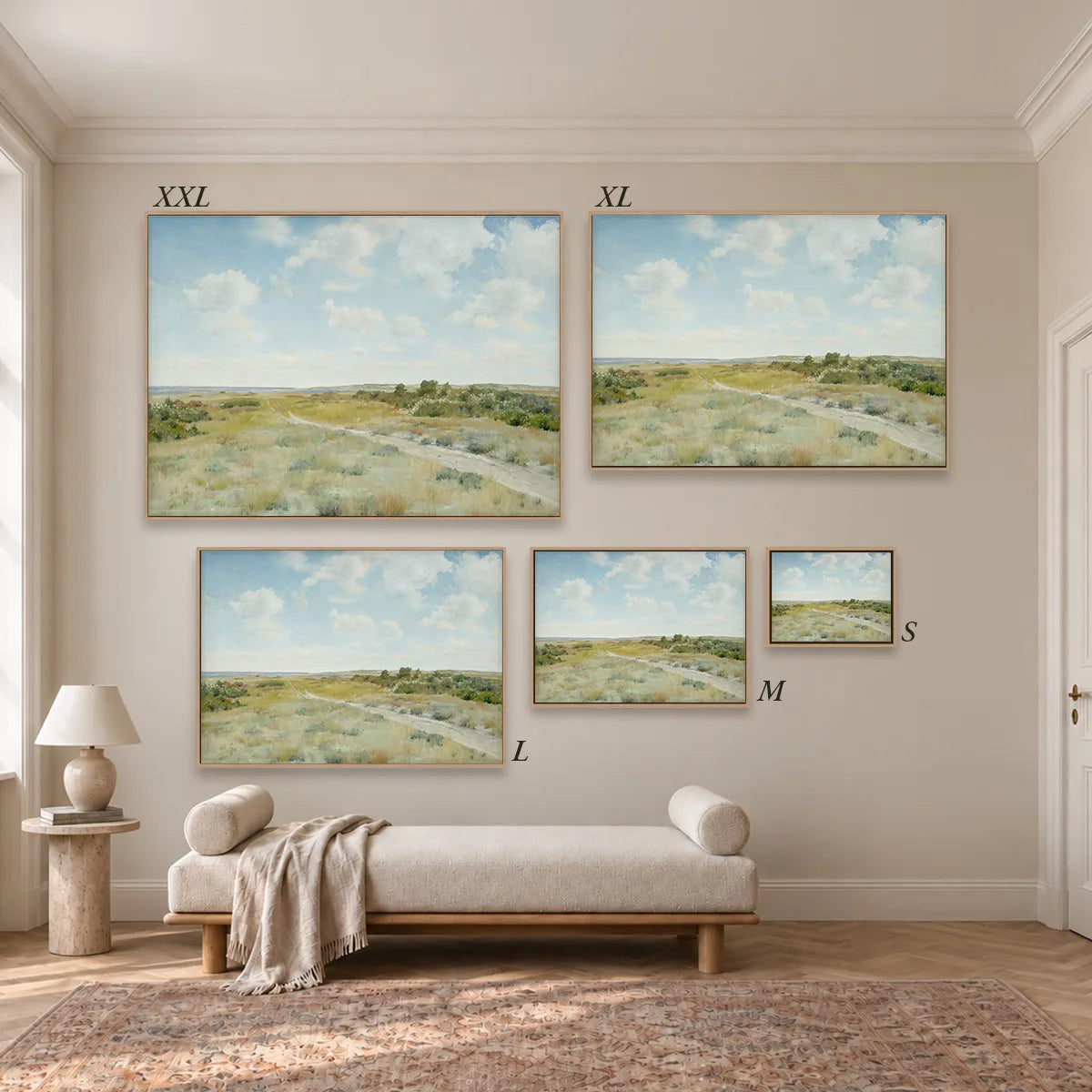 Größenübersicht der fünf Leinwandformate S bis XXL im Raum, von 34 × 44 cm bis 105 × 143 cm.