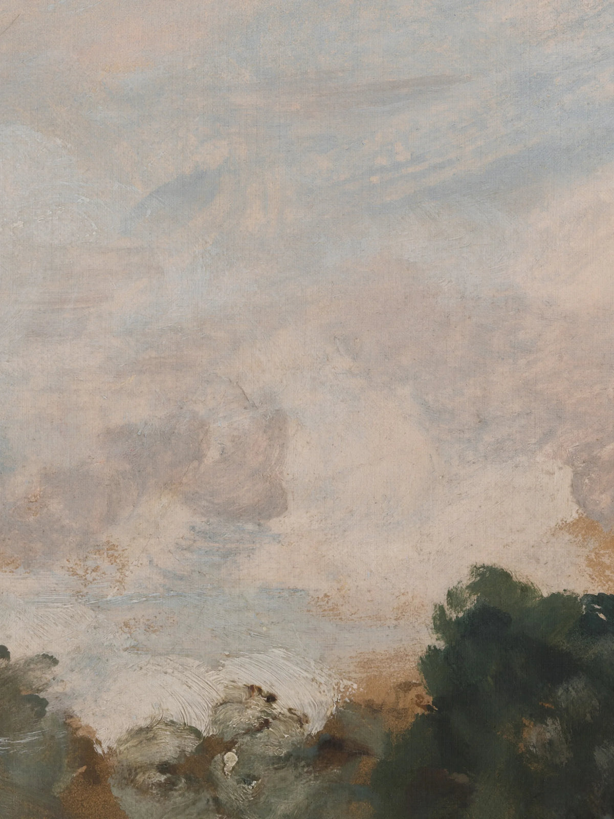 Detailaufnahme des Wolkenbildes mit sichtbarer Leinwandstruktur. Rosige und blaugraue Wolken in breiten Pinselzügen gehen unten in apricotfarbenes Licht über, rechts ragt eine dunkelgrüne Baumkrone ins Bild.