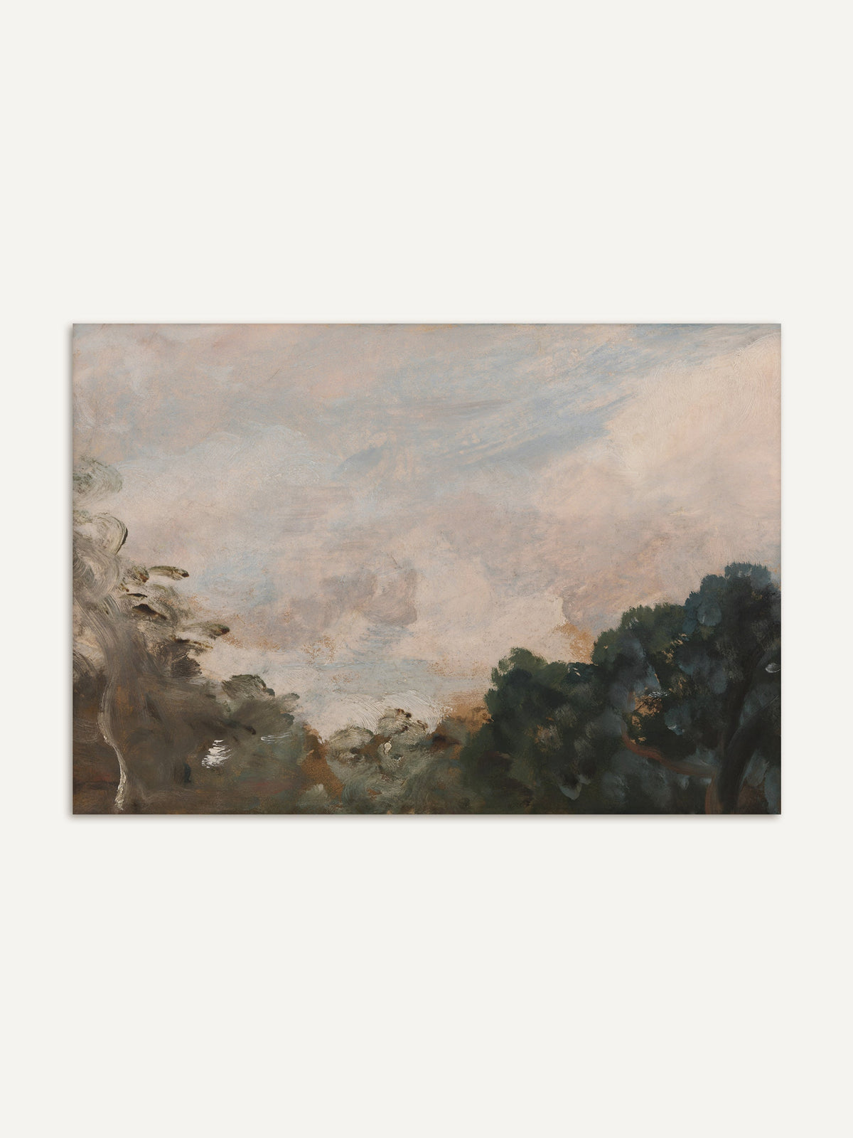 Kunstdruck einer Wolkenstudie mit rosa und hellblauen Wolken über dunkelgrünen Baumkronen, links ein heller Baum, der sich im Wind biegt. Die Vintage Landschaft in sanften Pastelltönen wirkt ruhig und weit. #Rahmen_Ohne Rahmen
