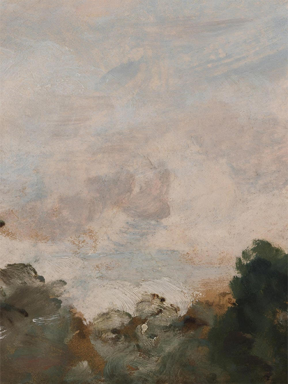 Nahaufnahme der gemalten Himmelsfläche mit feinen Pinselstrukturen in Creme, Grau und zartem Blau, die dem Kunstdruck eine sanfte Tiefe verleihen. Die malerische Textur erinnert an klassische Landschaftsmalerei und wirkt ruhig und atmosphärisch.