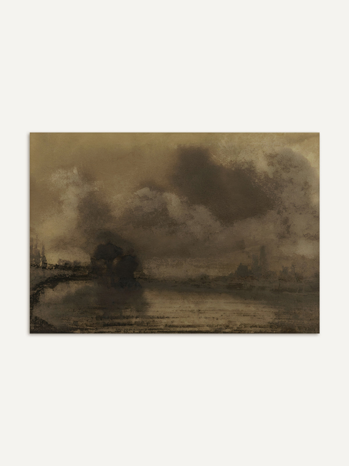 Kunstdruck einer Uferlandschaft in Sepia mit dunklen Wolken über stillem Wasser, links eine Baumgruppe, rechts die Umrisse einer Stadt im Dunst. Das Dark Academia Wandbild wirkt düster, ruhig und geheimnisvoll. #Rahmen_Ohne Rahmen