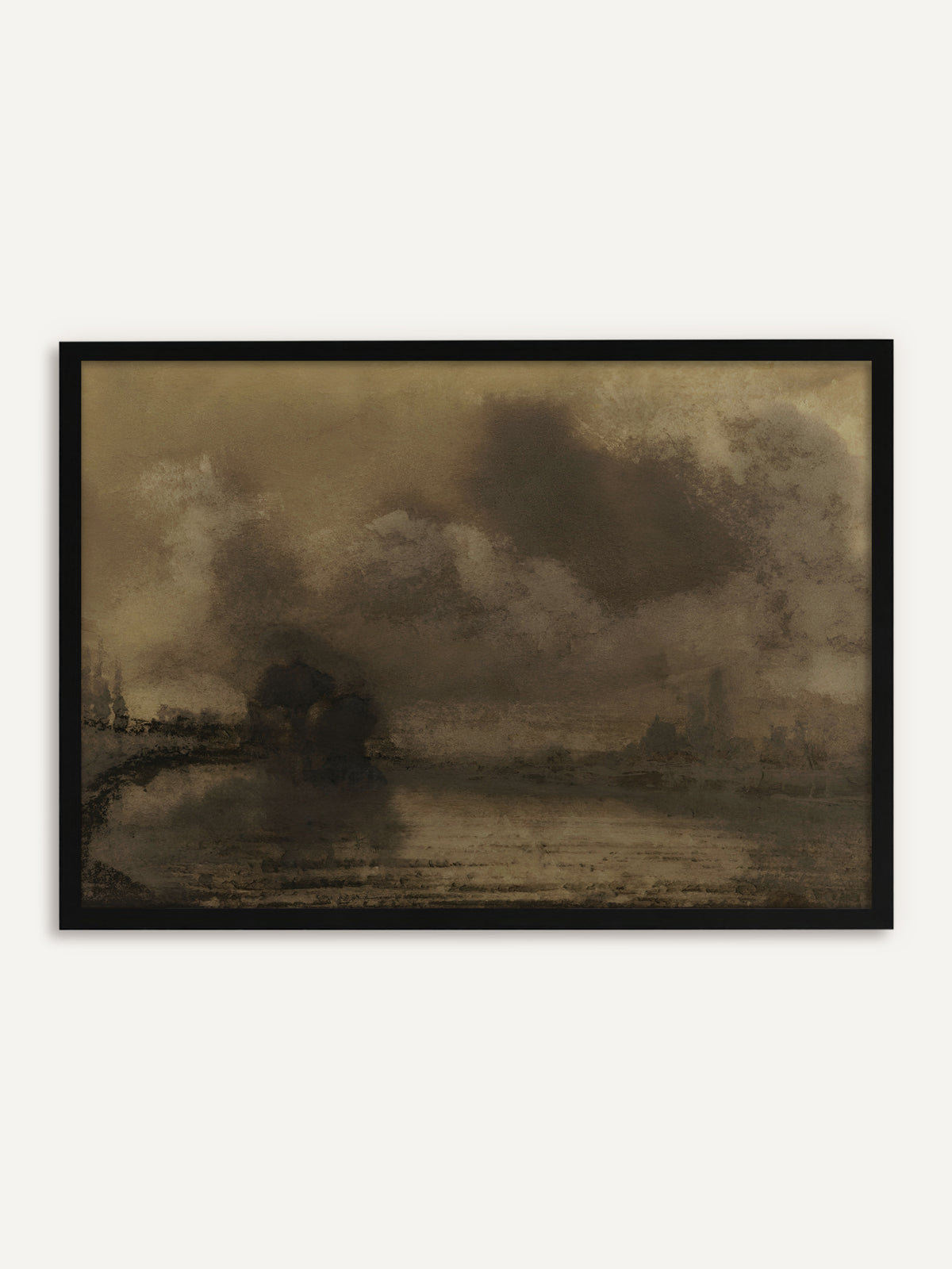 Gerahmtes Poster, das eine Uferlandschaft in Sepia mit dunklen Wolken über stillem Wasser, einer Baumgruppe und den Umrissen einer Stadt im Dunst zeigt. Mit schwarzem Rahmen wird die Dark Academia Szene grafisch und klar. #Rahmen_Schwarz