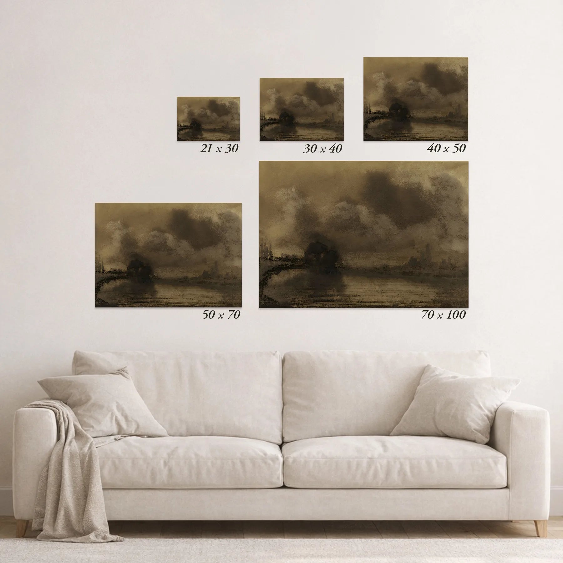 Schematic size overview of the available print formats above a sofa.