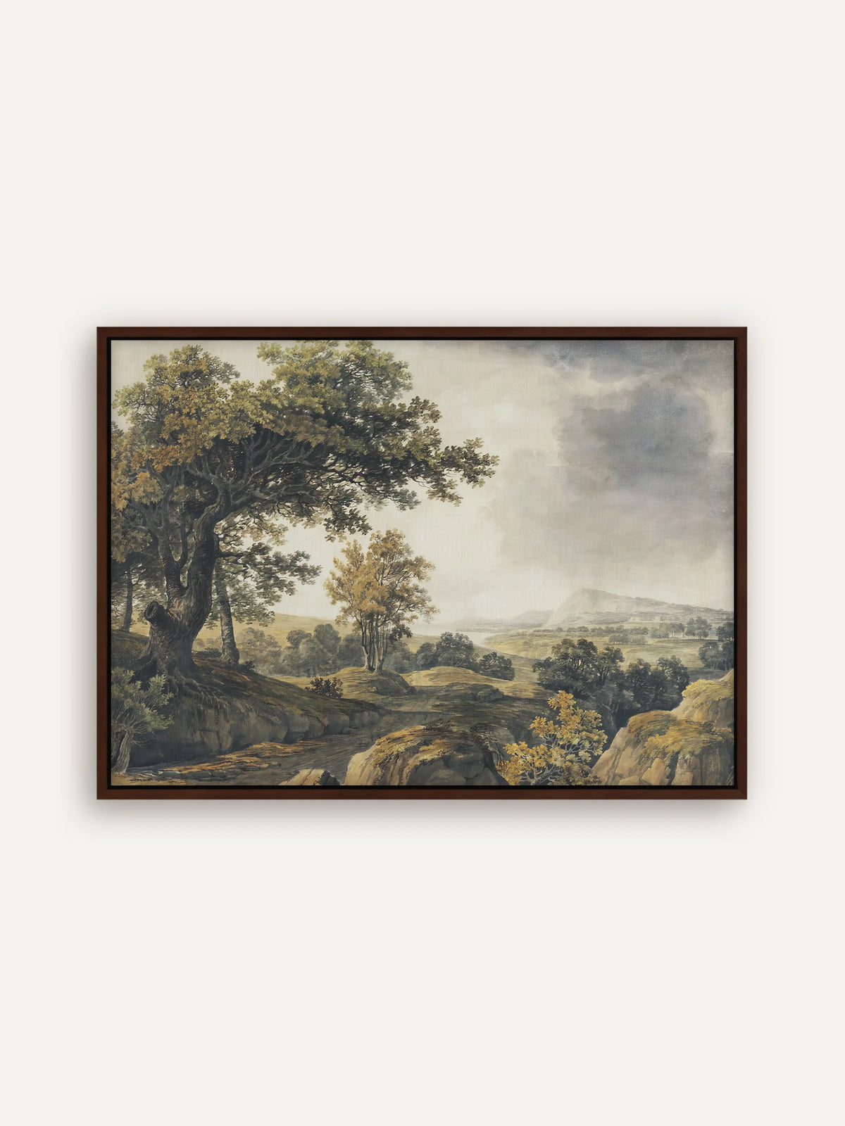 Waldlandschaft auf Leinwand im dunkelbraunen Schattenfugenrahmen. Der dunkle Rahmen nimmt den knorrigen Stamm des alten Baums auf, daneben stehen Bäume mit goldgelbem Laub vor einem dunstigen Tal. #Rahmen_Braun