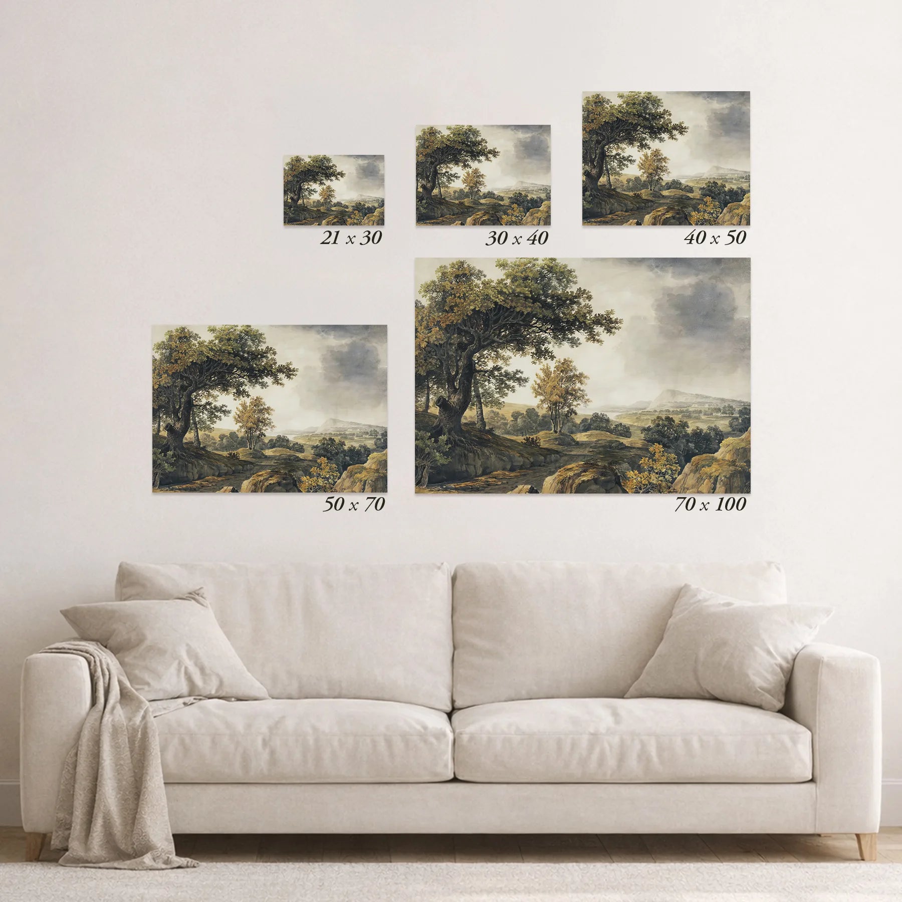 Schematic size overview of the available print formats above a sofa.