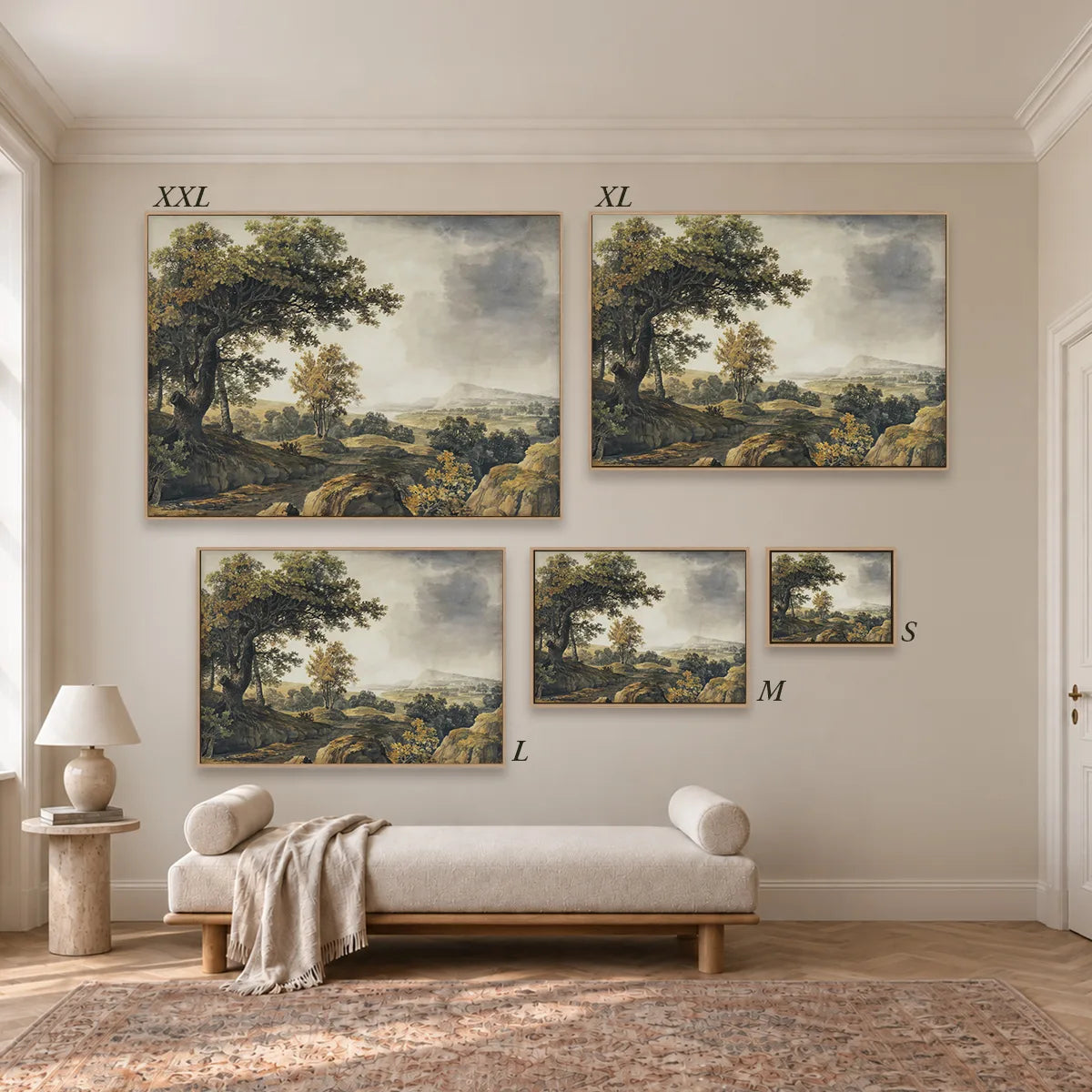 Größenübersicht der fünf Leinwandformate S bis XXL im Raum, von 34 × 44 cm bis 105 × 143 cm.