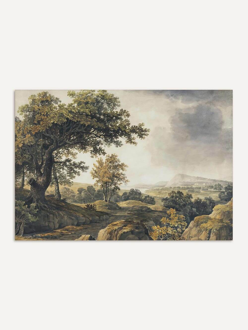 Vintage Kunstdruck einer weitläufigen Landschaft mit alten Bäumen, sanften Hügeln und wolkenverhangenem Himmel. Das detailreiche Wandbild zeigt Natur in erdigen Grüntönen.