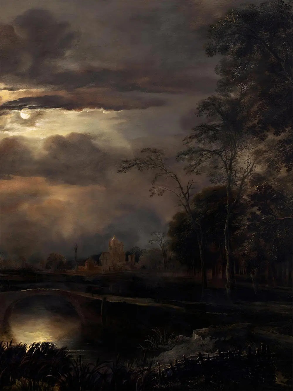 Detailansicht des Kunstdrucks mit leuchtendem Mond hinter Wolken und hohen Bäumen am Flussufer. Die feinen Pinselstrukturen verleihen Tiefe und Stimmung.