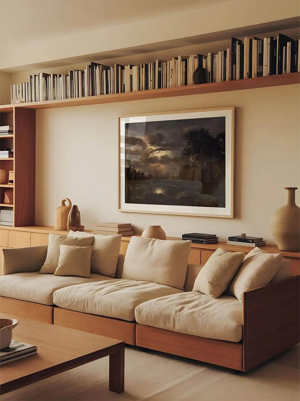 Gerahmter Kunstdruck mit nächtlicher Flusslandschaft hängt über einem hellen Sofa im Wohnzimmer. Das dunkle Vintage Wandbild bildet einen wirkungsvollen Kontrast.