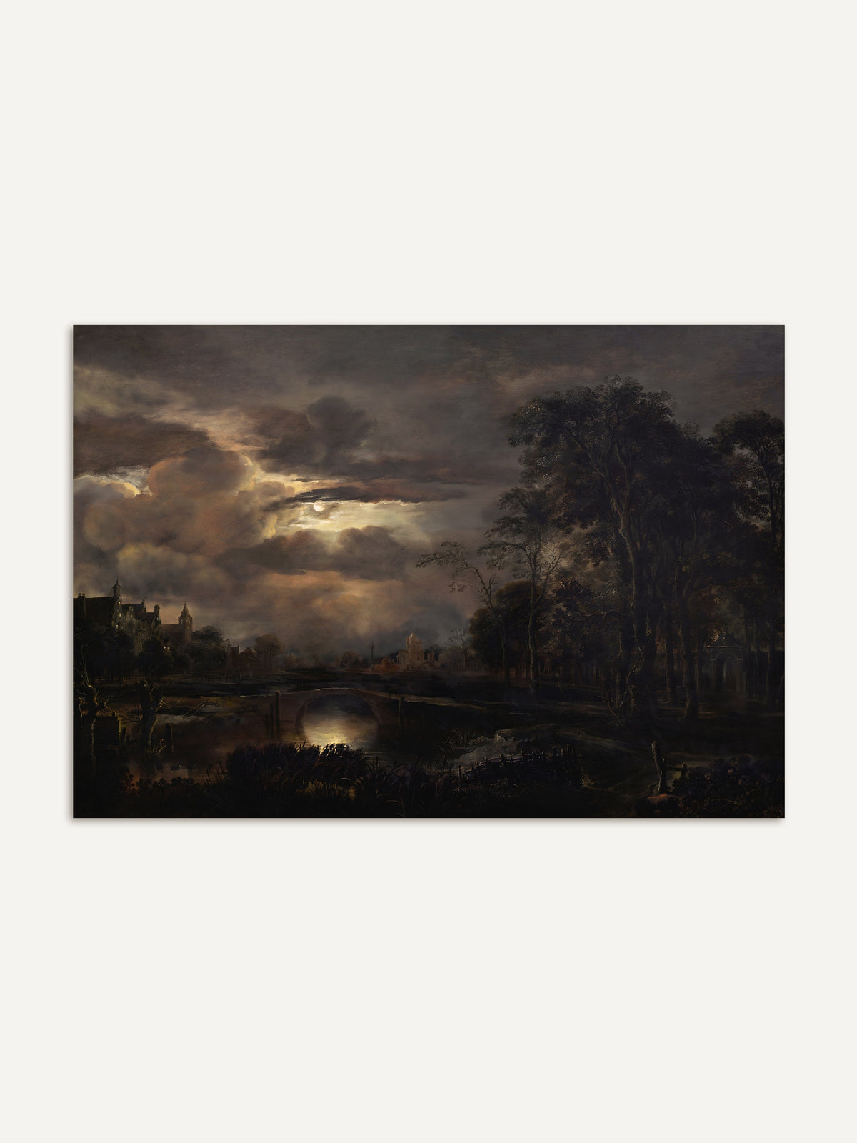 Dunkler Landschafts-Kunstdruck mit dramatischem Himmel und sanftem Mondlicht über einem Fluss. Die nächtliche Szene wirkt geheimnisvoll und malerisch. #Rahmen_Ohne Rahmen