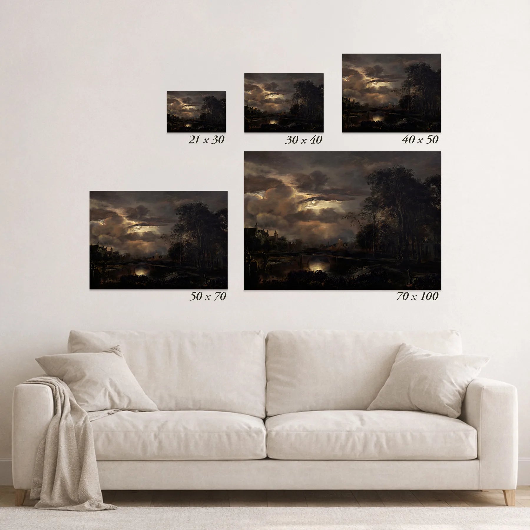 Schematic size overview of the available print formats above a sofa.