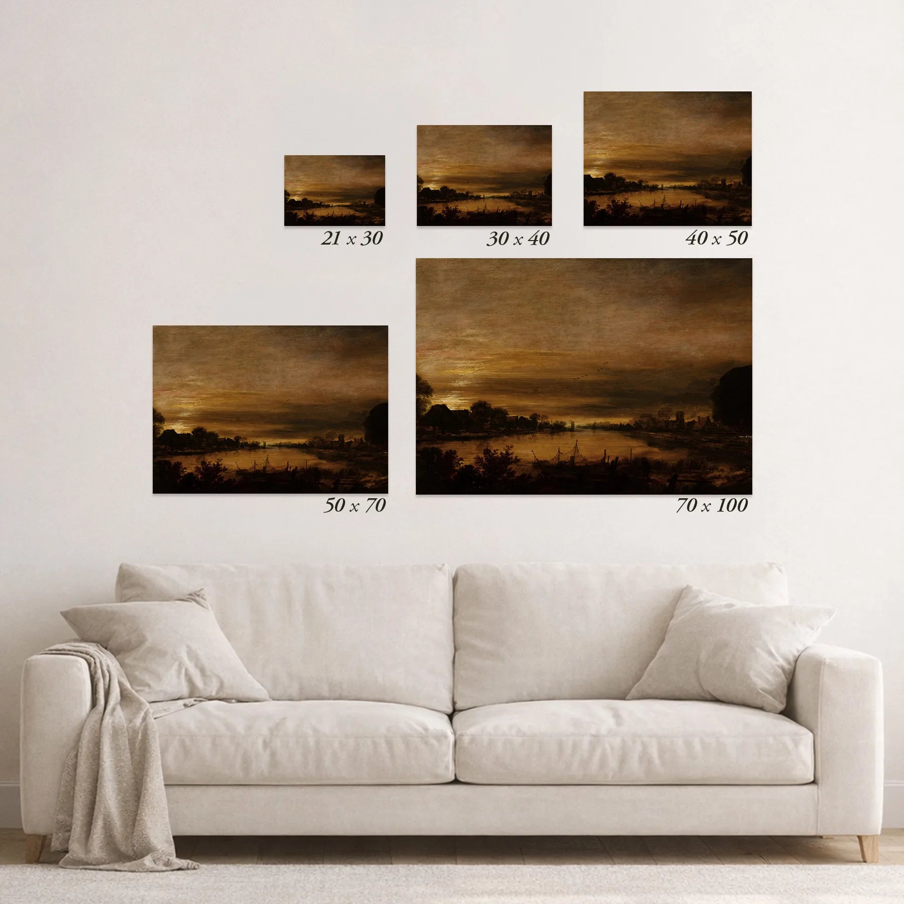 Schematic size overview of the available print formats above a sofa.