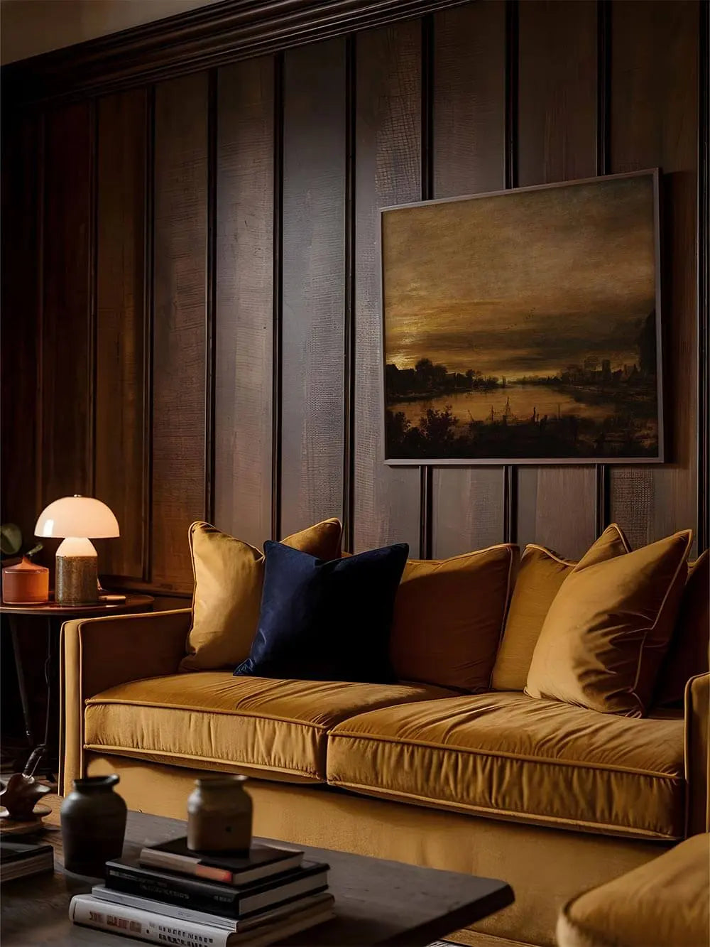 Der gerahmte Kunstdruck einer stimmungsvollen Nachtlandschaft hängt über einem goldgelben Sofa. Das Vintage Wandbild bringt Tiefe und Wärme in den Raum.