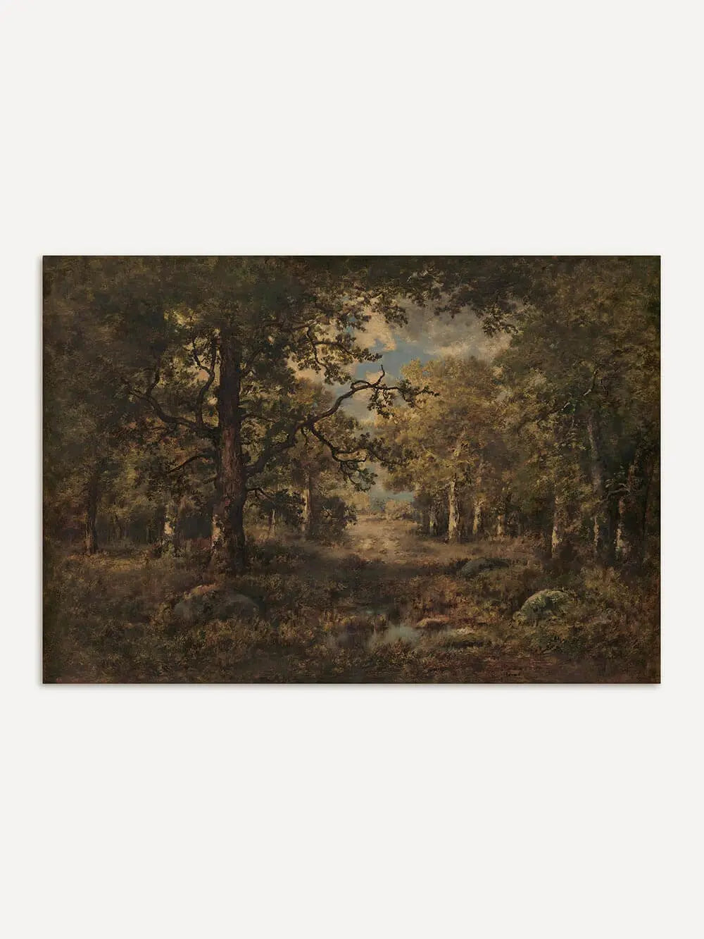 Dunkler Waldlandschaft Kunstdruck mit Bäumen und sanftem Licht im Hintergrund. Das Vintage Wandbild zeigt eine ruhige Naturstimmung voller Tiefe.