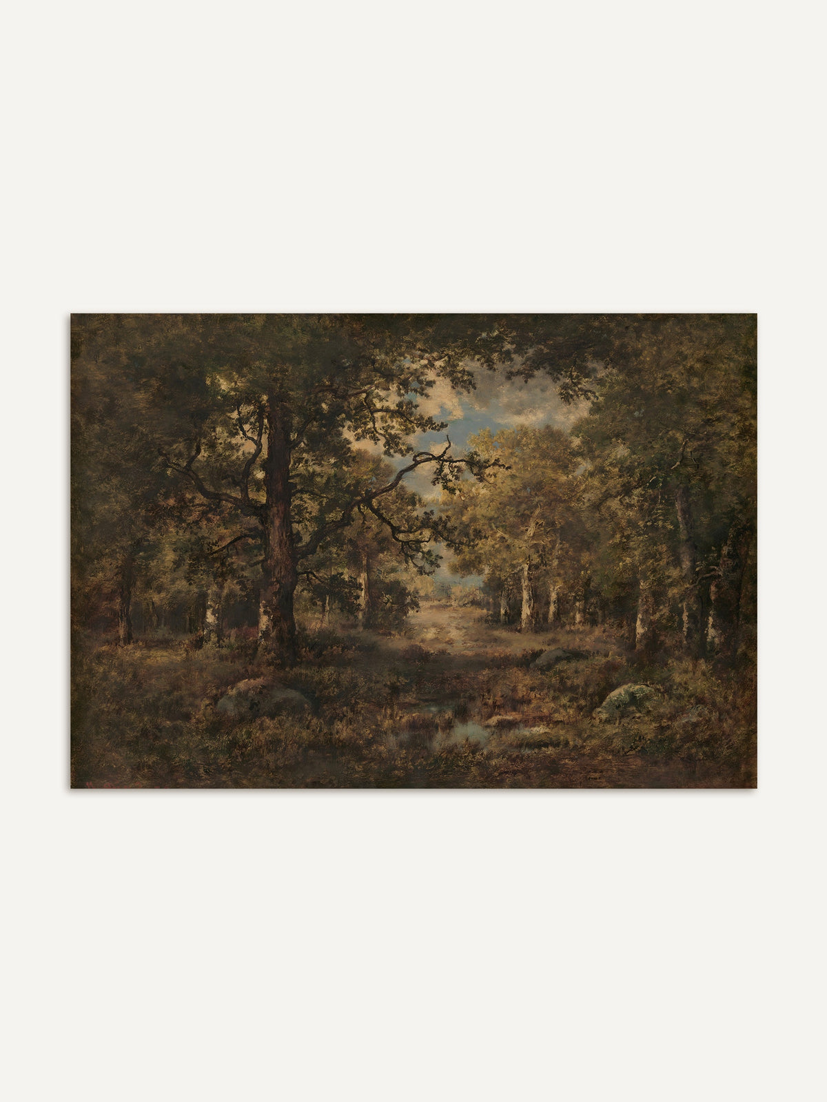 Kunstdruck eines dichten Eichenwalds mit einer mächtigen alten Eiche links und einem hellen Weg, der zu einer sonnigen Lichtung führt. Die Vintage Waldlandschaft in Braun- und Olivtönen wirkt ruhig und tief. #Rahmen_Ohne Rahmen