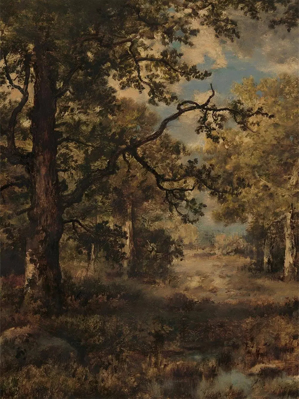 Nahaufnahme des Wald Kunstdrucks mit Bäumen, Ästen und bläulichem Himmel. Die malerische Textur und die Farbnuancen sind deutlich sichtbar.