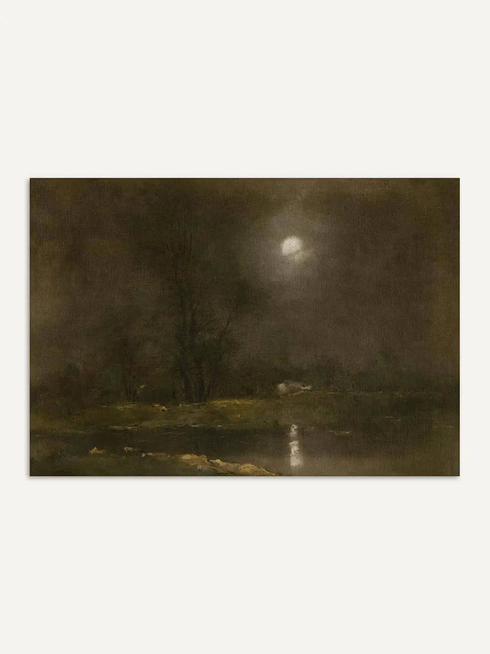 Stimmungsvolle Nachtlandschaft als Kunstdruck mit hellem Mond über dunklen Bäumen. Die gedämpfte Farbpalette und ruhige Szenerie betonen den nostalgischen Charakter.