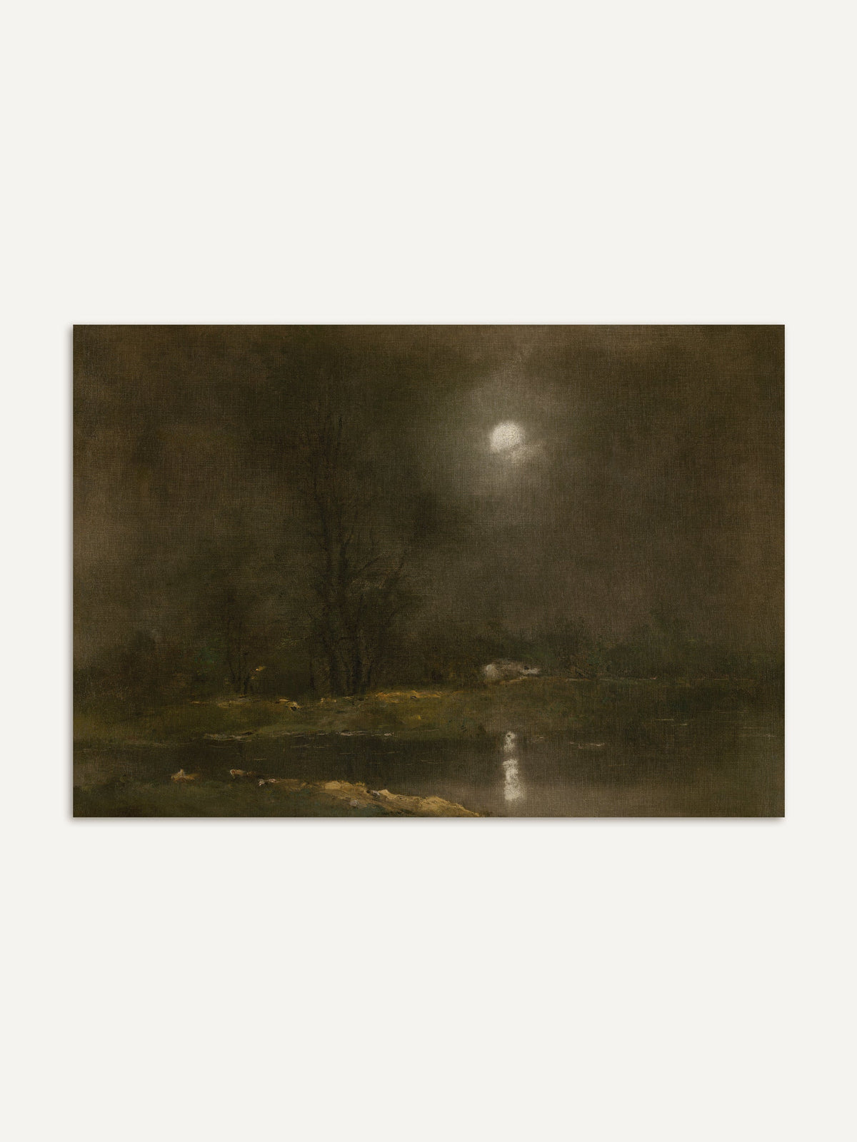 Stimmungsvolle Nachtlandschaft als Kunstdruck mit hellem Mond über dunklen Bäumen. Die gedämpfte Farbpalette und ruhige Szenerie betonen den nostalgischen Charakter. #Rahmen_Ohne Rahmen