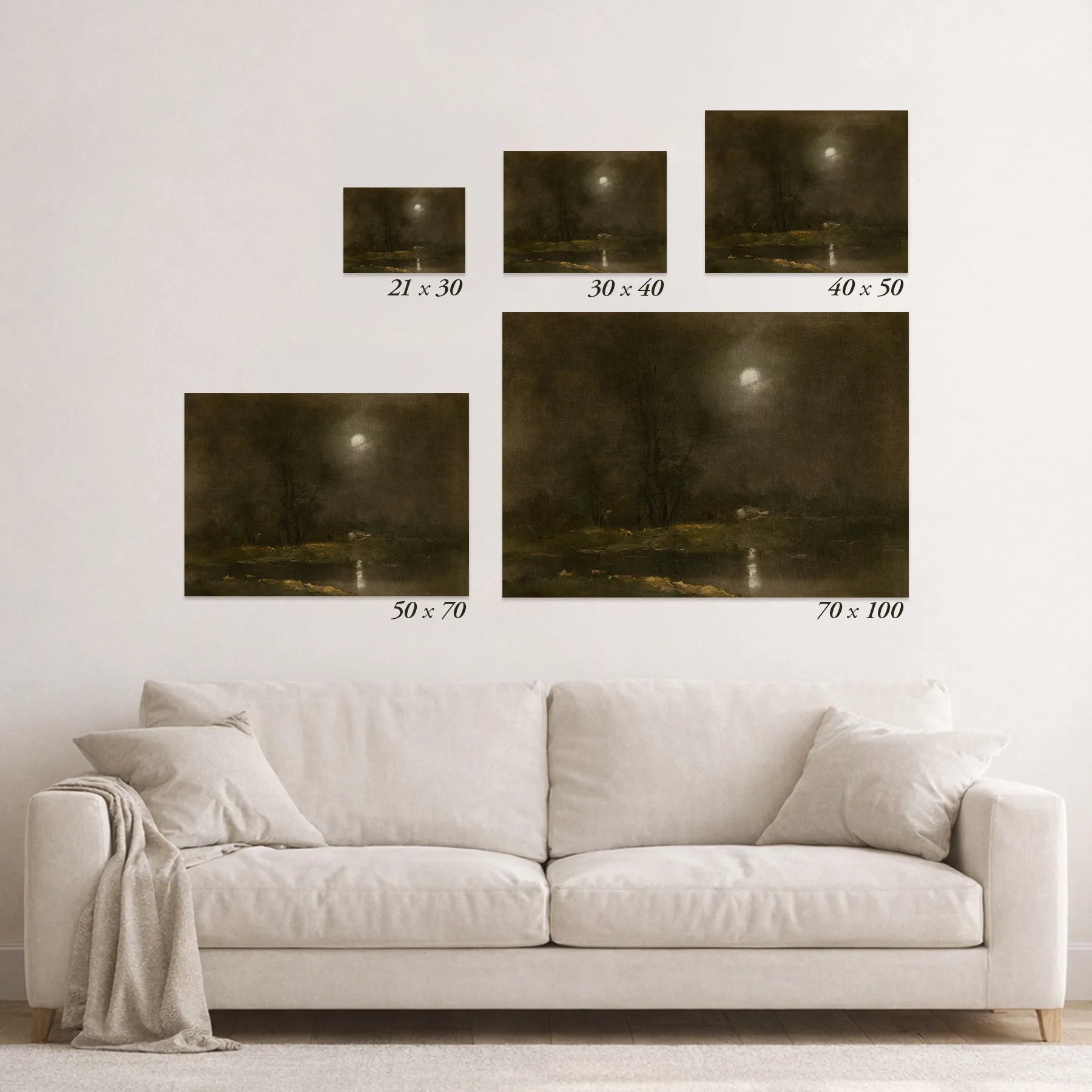 Schematic size overview of the available print formats above a sofa.