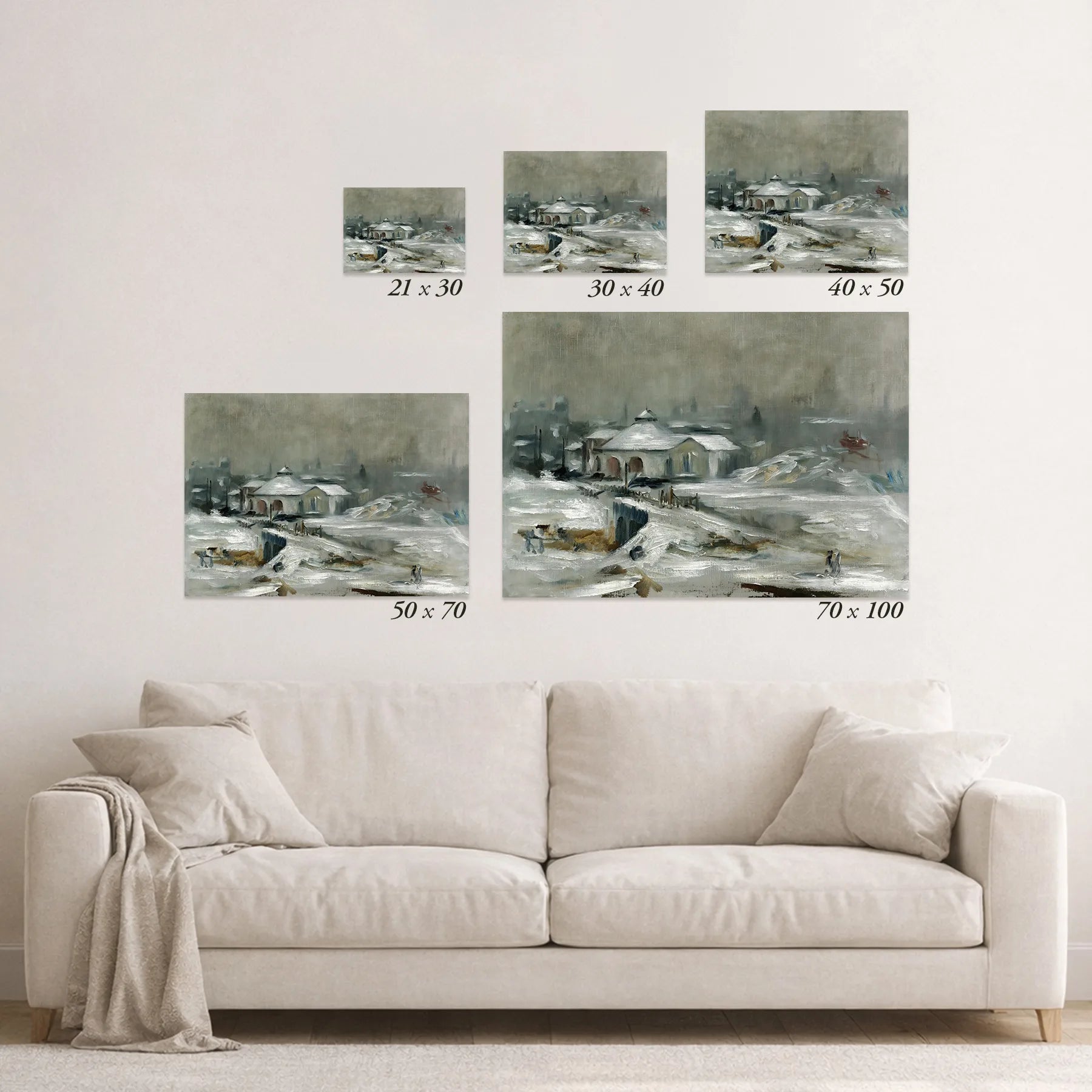 Schematic size overview of the available print formats above a sofa.