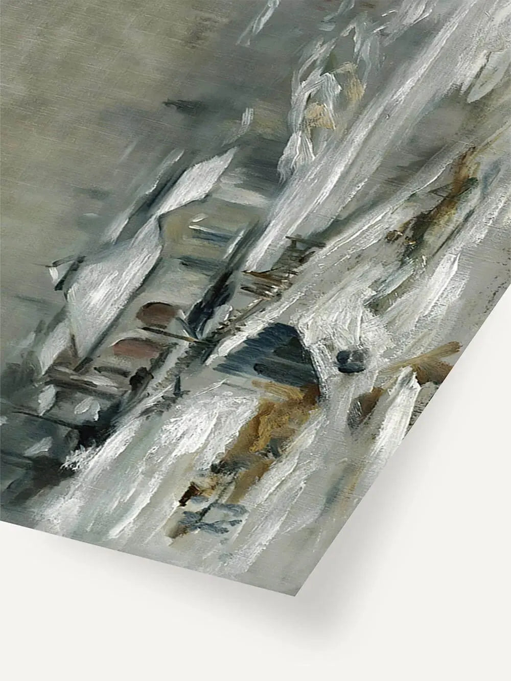 Nahaufnahme des Winter Kunstdrucks mit sichtbaren Pinselstrichen in Weiß und Grau. Die Textur verstärkt die Tiefe und die melancholische Stimmung der Schneelandschaft.