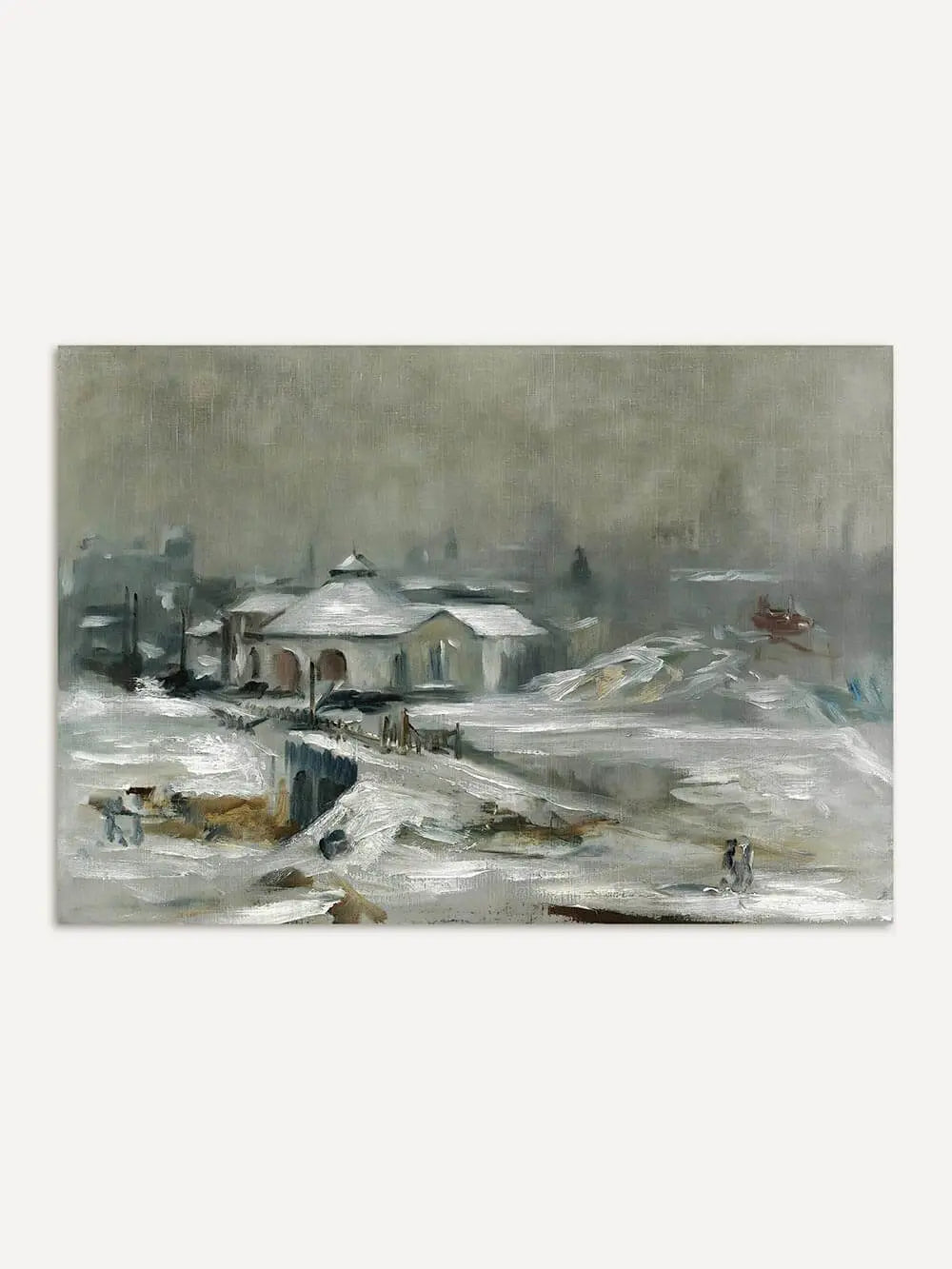 Stimmungsvoller Winterlandschaft Kunstdruck mit verschneiten Häusern und sanften Grautönen. Das Vintage Wandbild fängt die ruhige Atmosphäre einer frostigen Szenerie ein.