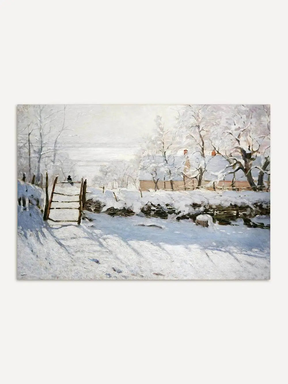 Winterlicher Kunstdruck mit verschneiter Landschaft und Bäumen, feine Lichtstimmung in Weiß und sanften Grautönen, ideal als Vintage Wandbild.