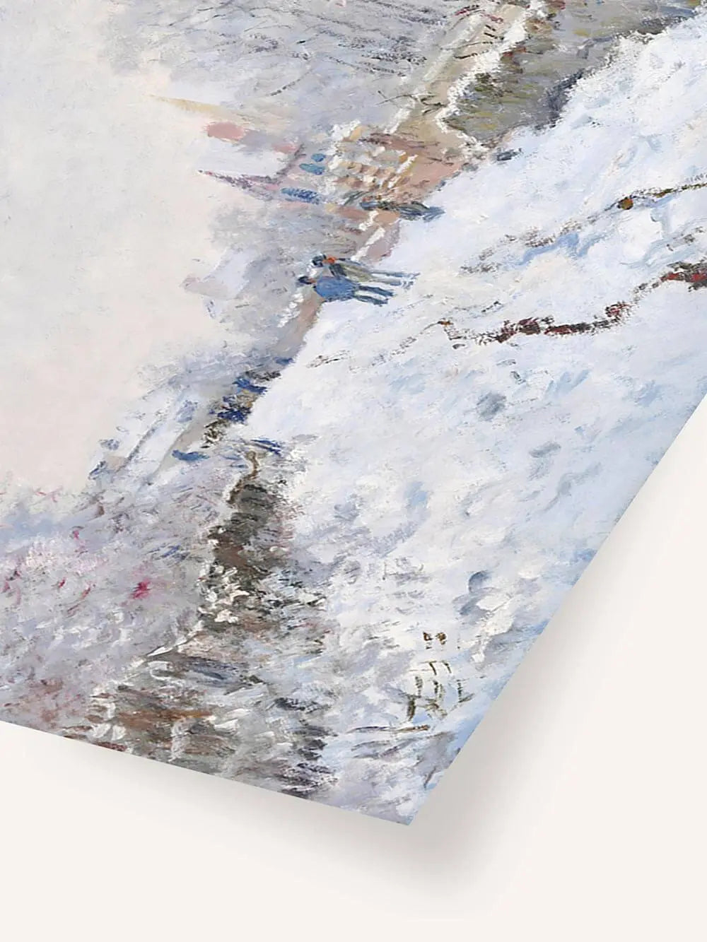 Detailansicht eines winterlichen Kunstdrucks mit verschneitem Weg und Figuren in impressionistischem Stil, die Textur und Farbnuancen sind klar erkennbar.
