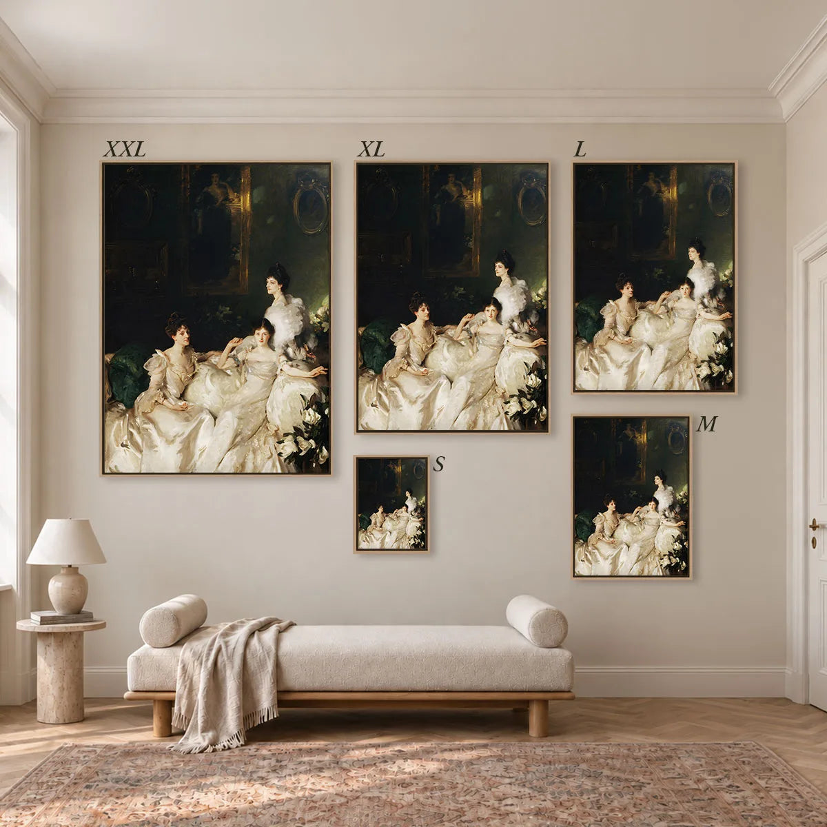 Größenübersicht der fünf Leinwandformate S bis XXL im Raum, von 34 × 44 cm bis 105 × 143 cm.
