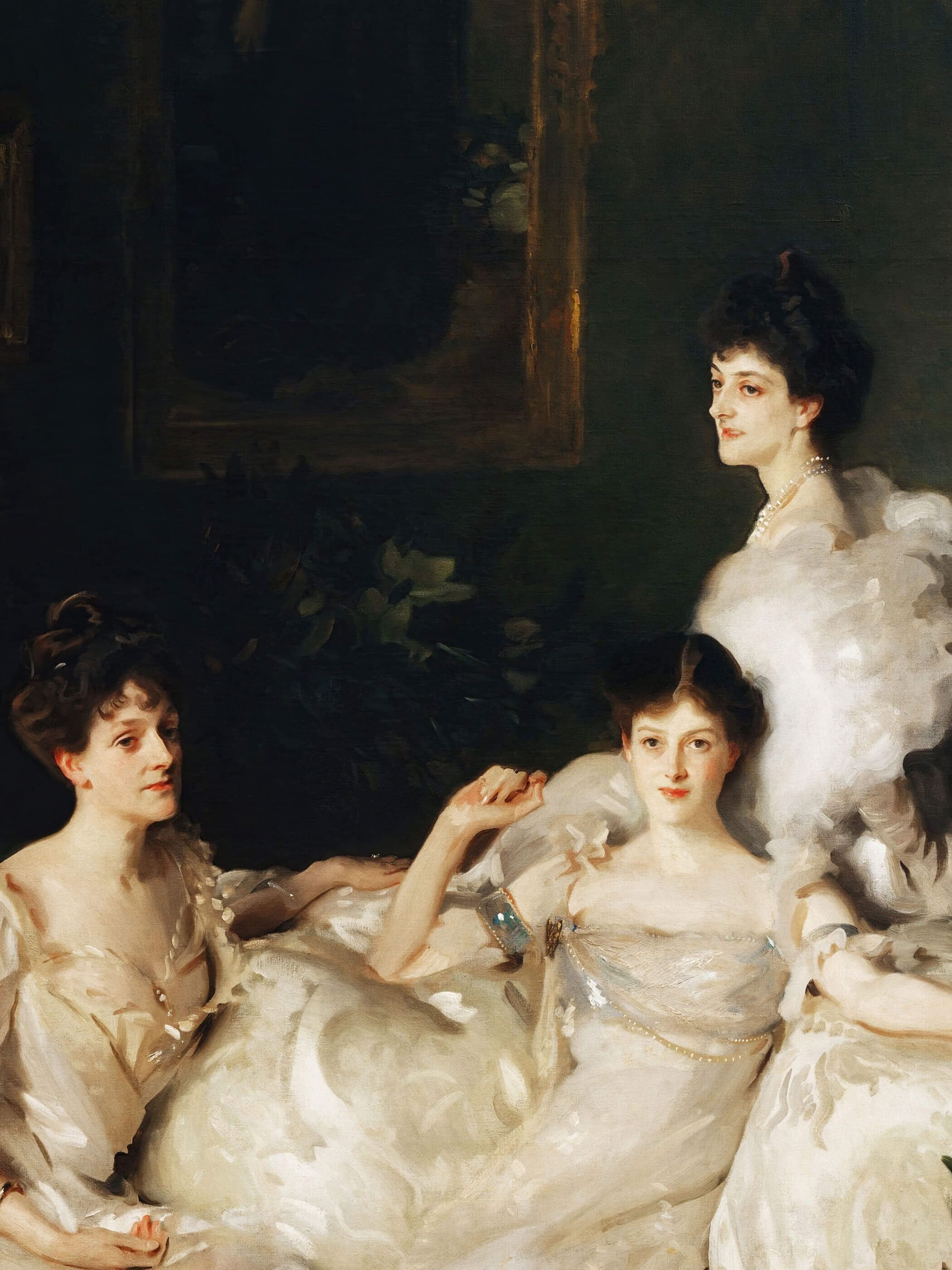 Detailaufnahme des viktorianischen Kunstdrucks 'The Wyndham Sisters', zeigt die feine Pinselarbeit und luxuriöse Kleidung der dargestellten Frauen.