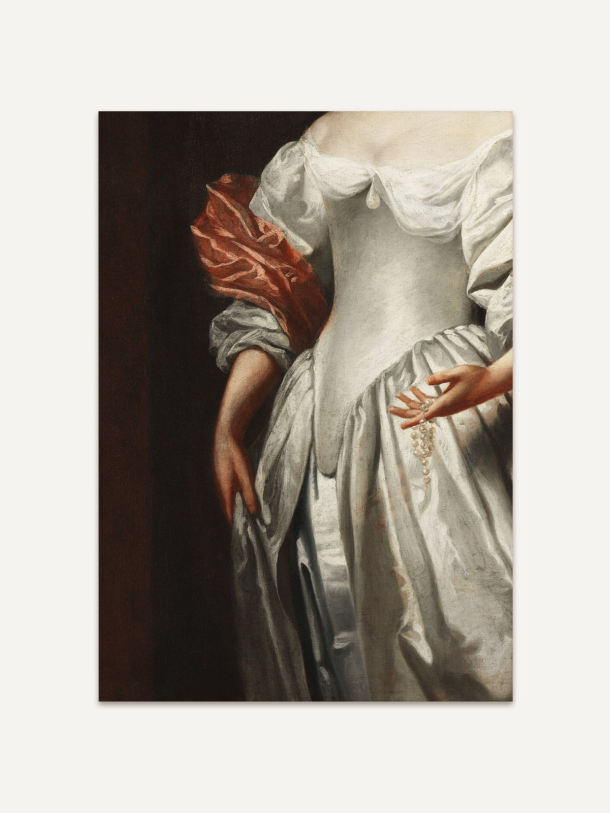 Barocker Porträt-Kunstdruck eines eleganten Kleides und einer Perlenkette, inspiriert von einem historischen Gemälde des 17. Jahrhunderts. #Rahmen_Ohne Rahmen