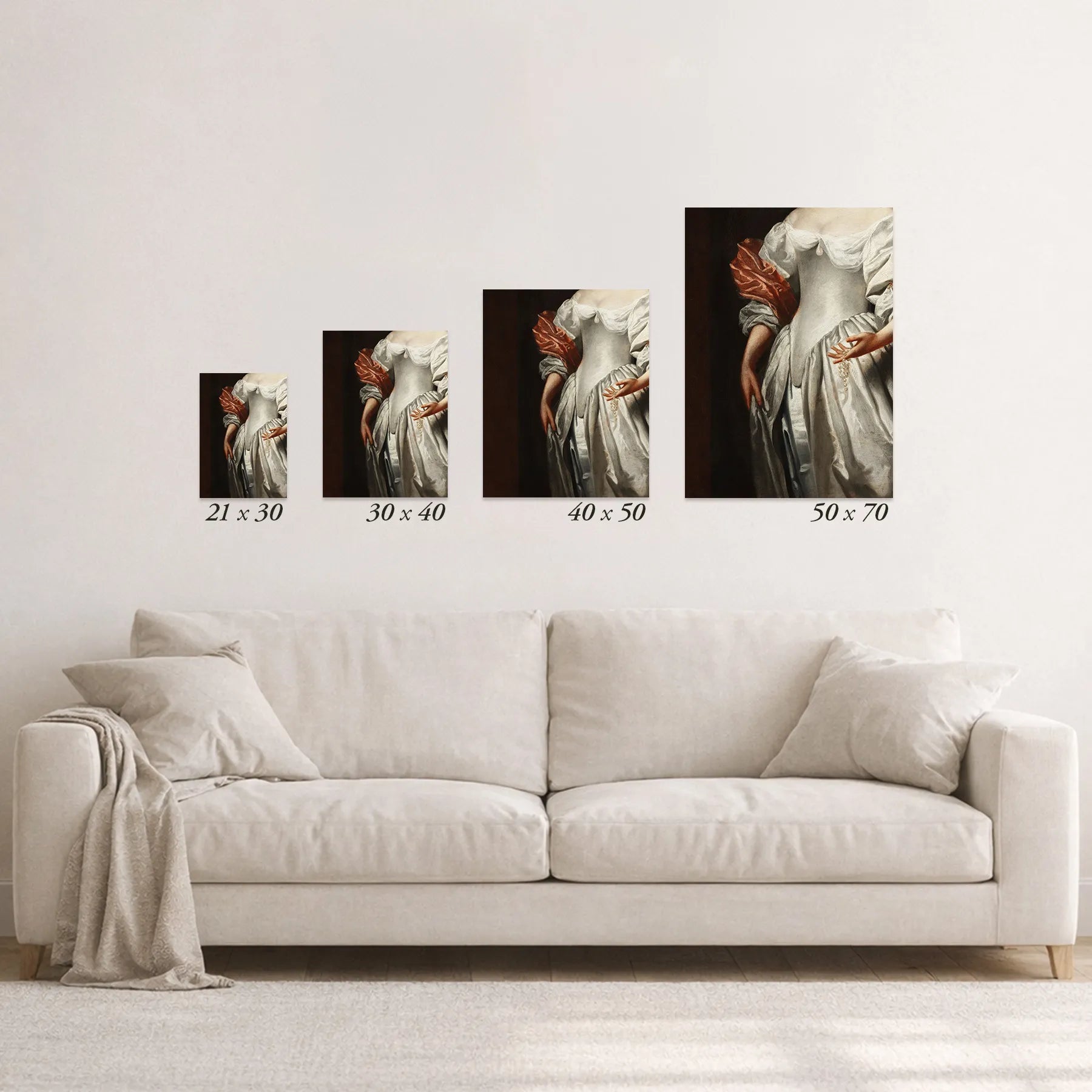 Schematic size overview of the available print formats above a sofa.