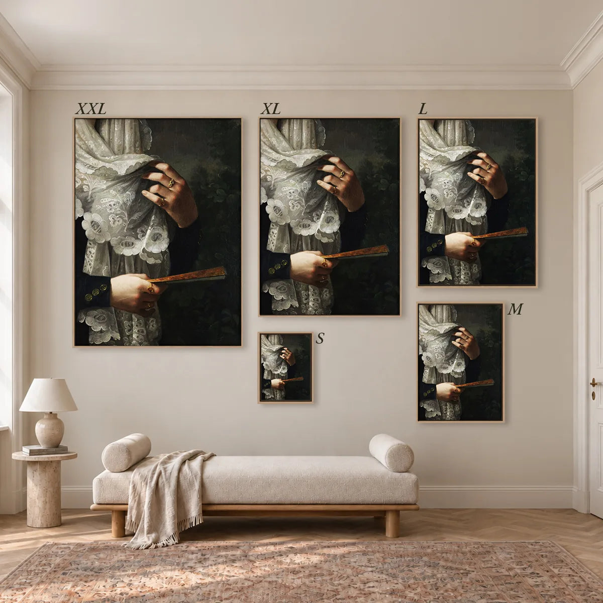 Größenübersicht der fünf Leinwandformate S bis XXL im Raum, von 34 × 44 cm bis 105 × 143 cm.